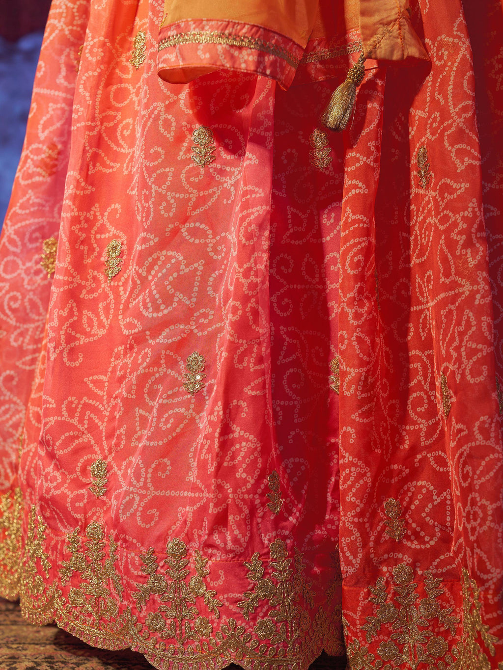 Attractive Orange Printed Organza Reception Lehenga Choli With Dupatta