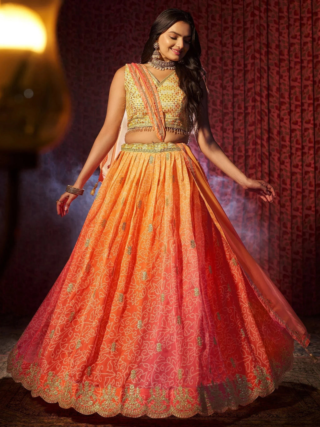 Attractive Orange Printed Organza Reception Lehenga Choli With Dupatta