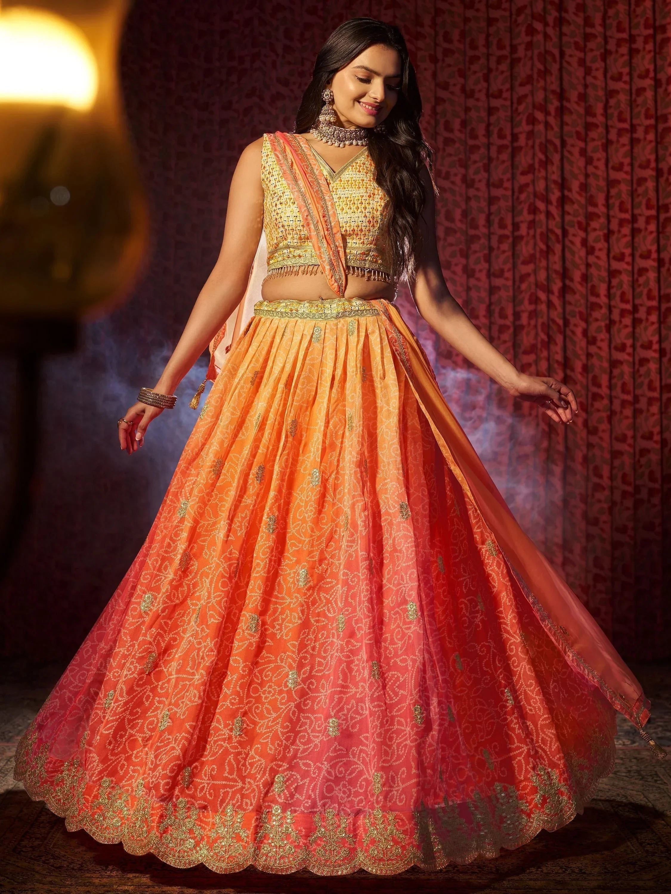 Attractive Orange Printed Organza Reception Lehenga Choli With Dupatta