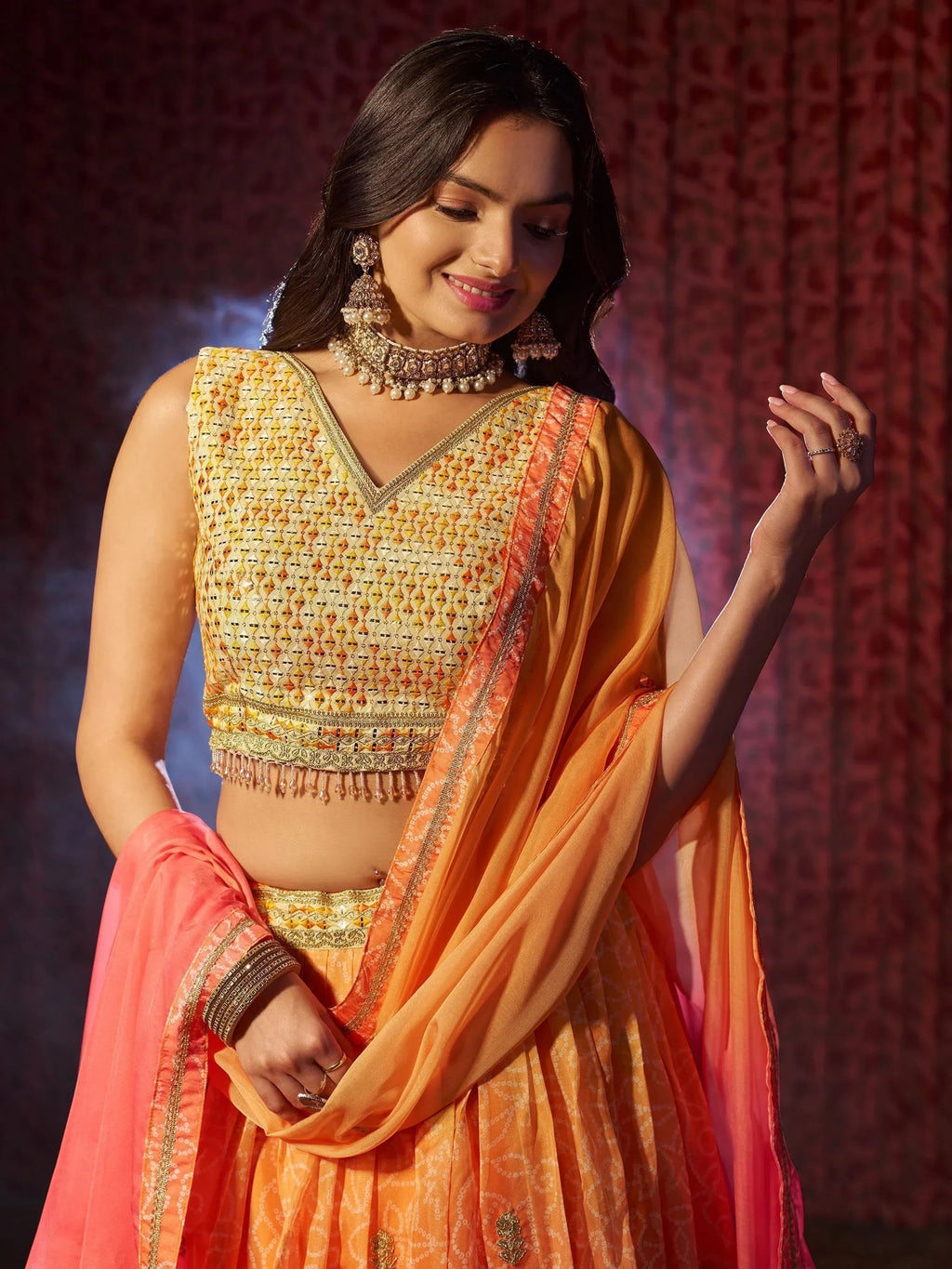 Attractive Orange Printed Organza Reception Lehenga Choli With Dupatta