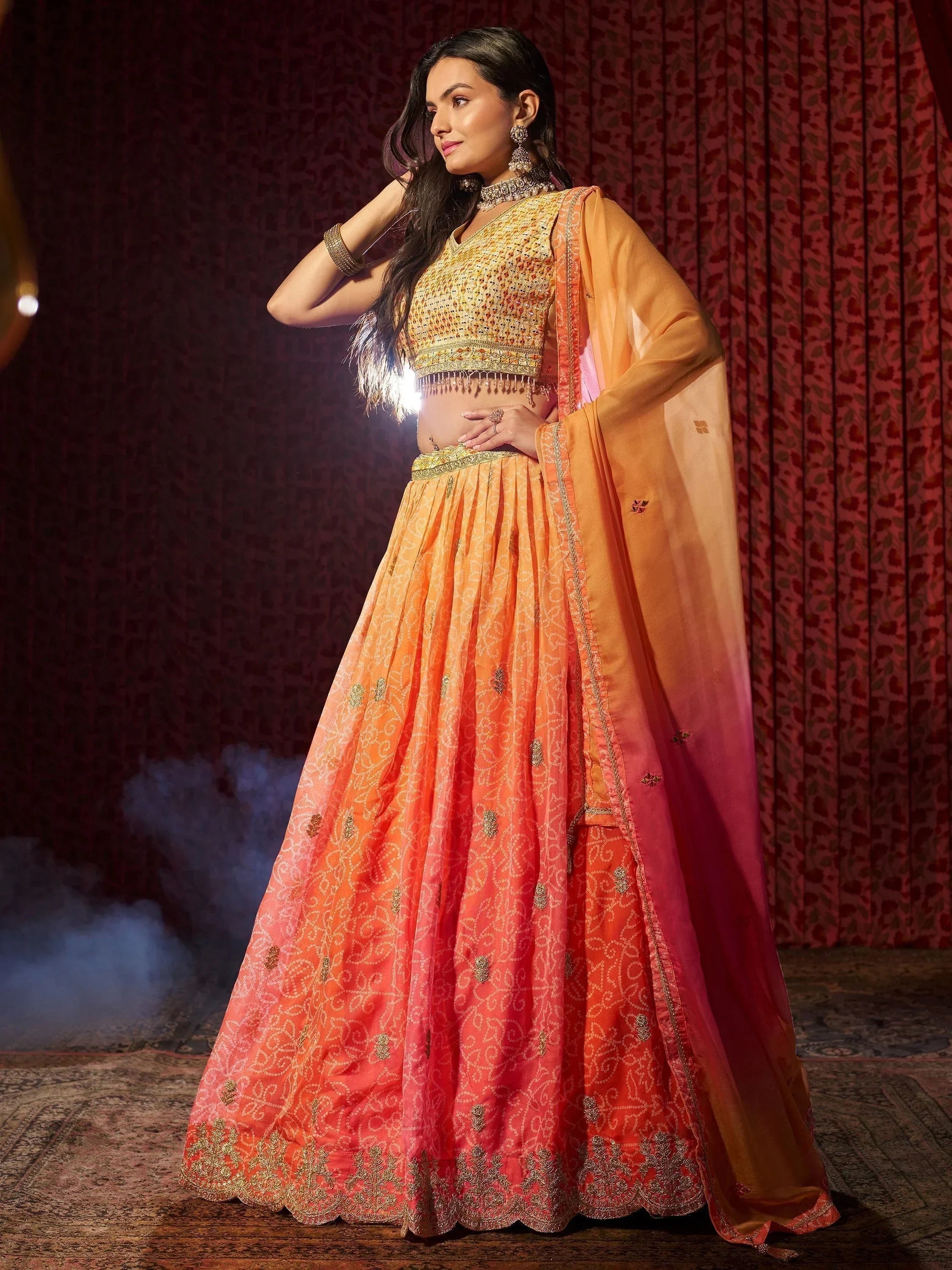 Attractive Orange Printed Organza Reception Lehenga Choli With Dupatta