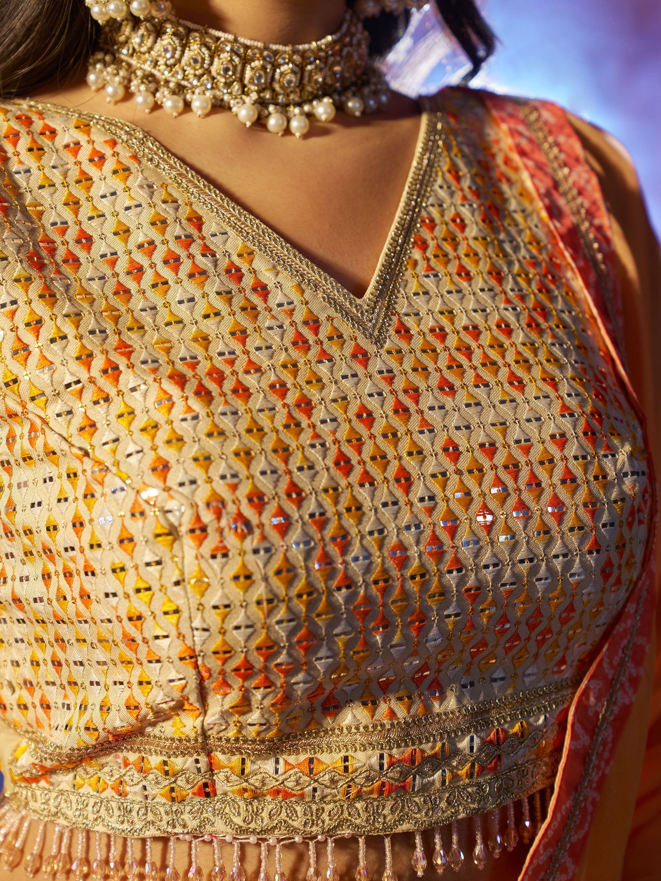 Attractive Orange Printed Organza Reception Lehenga Choli With Dupatta