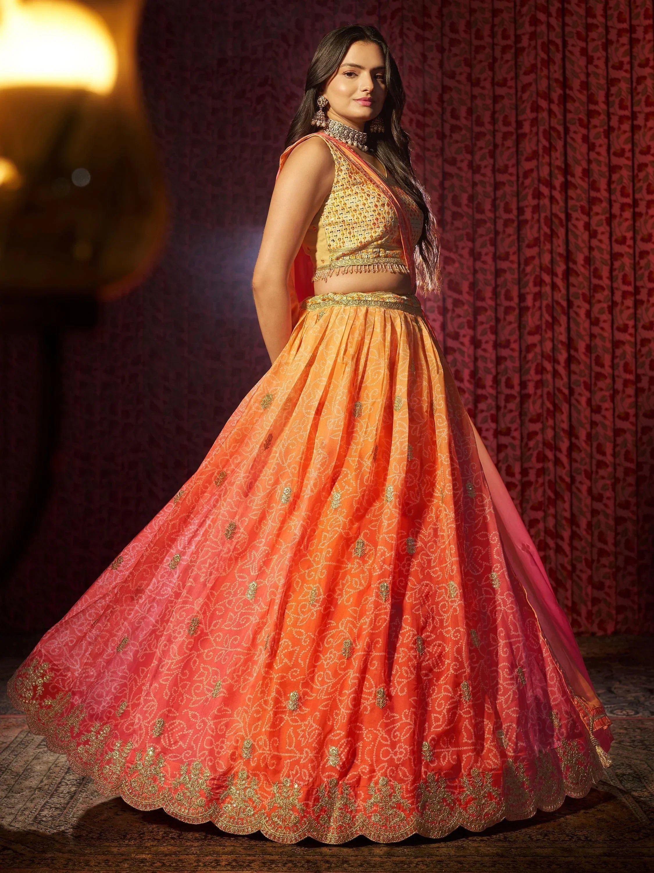 Attractive Orange Printed Organza Reception Lehenga Choli With Dupatta