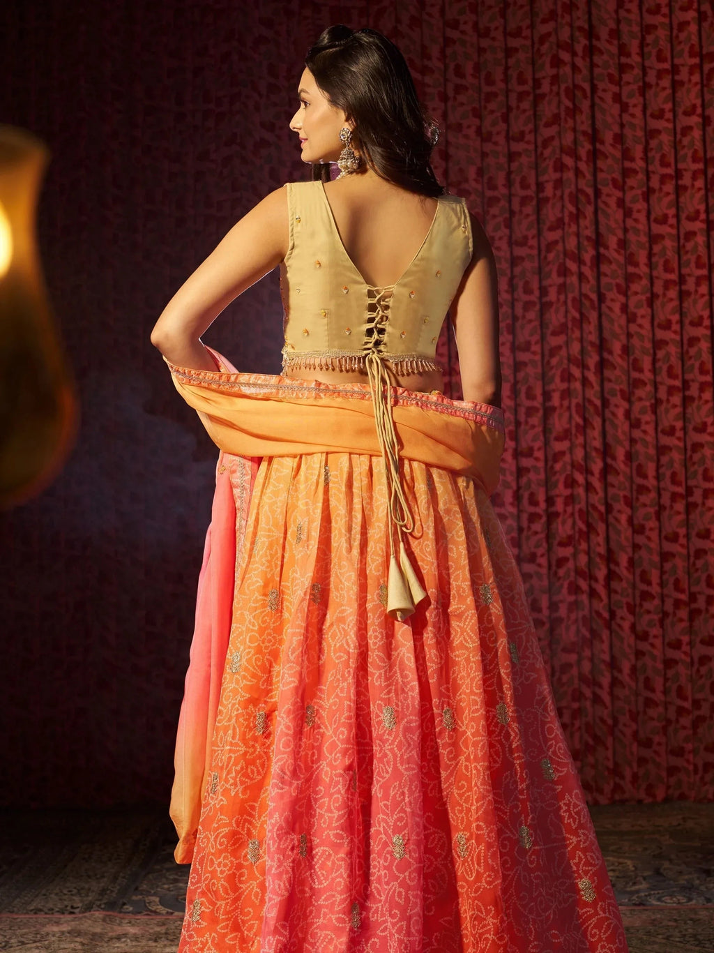 Attractive Orange Printed Organza Reception Lehenga Choli With Dupatta