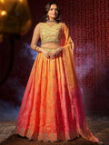 Attractive Orange Printed Organza Reception Lehenga Choli With Dupatta