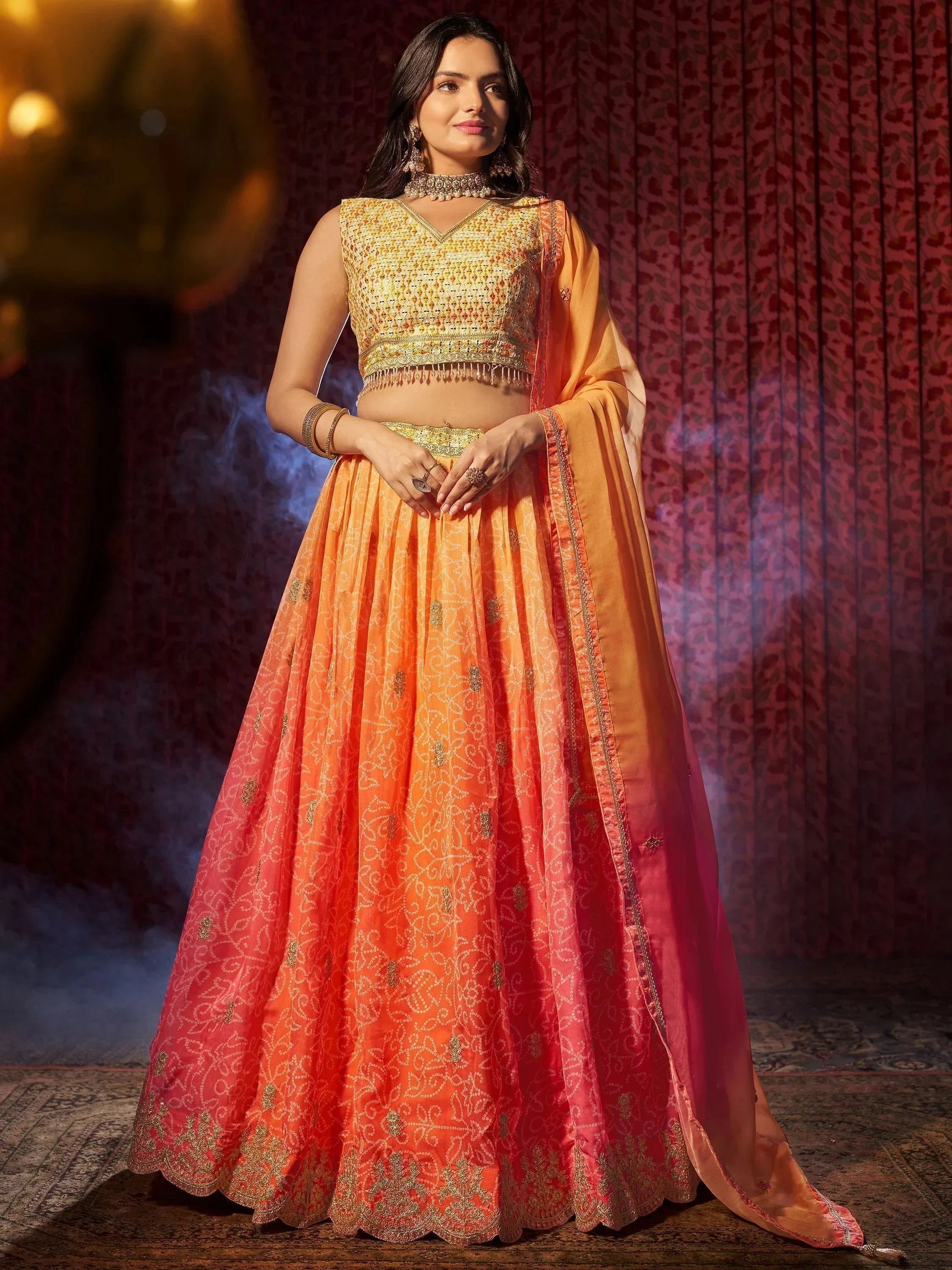 Attractive Orange Printed Organza Reception Lehenga Choli With Dupatta