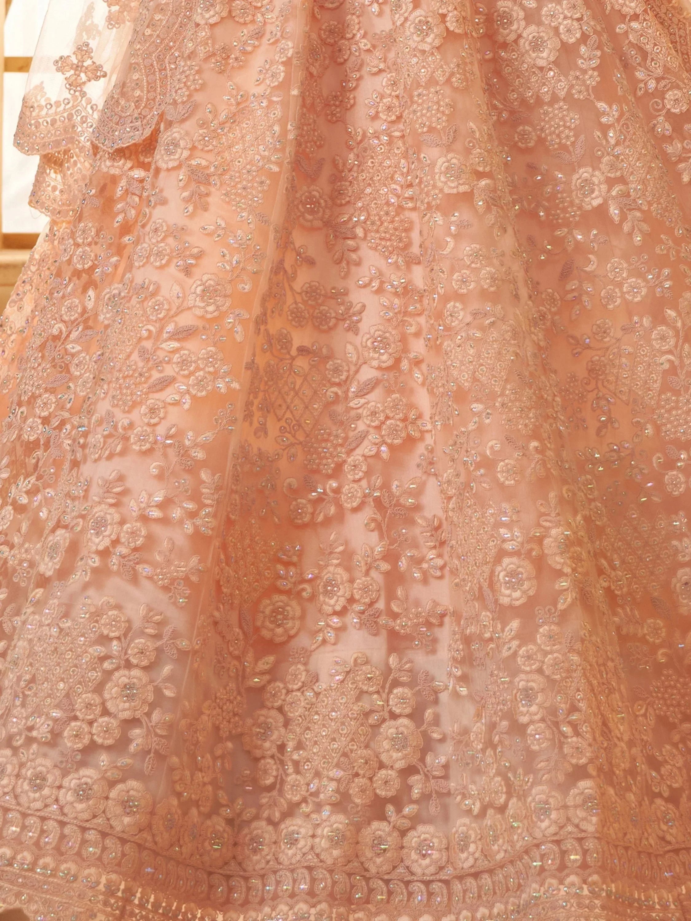 Attractive Peach Embroidery Work Net Bridesmaid Lehenga Choli