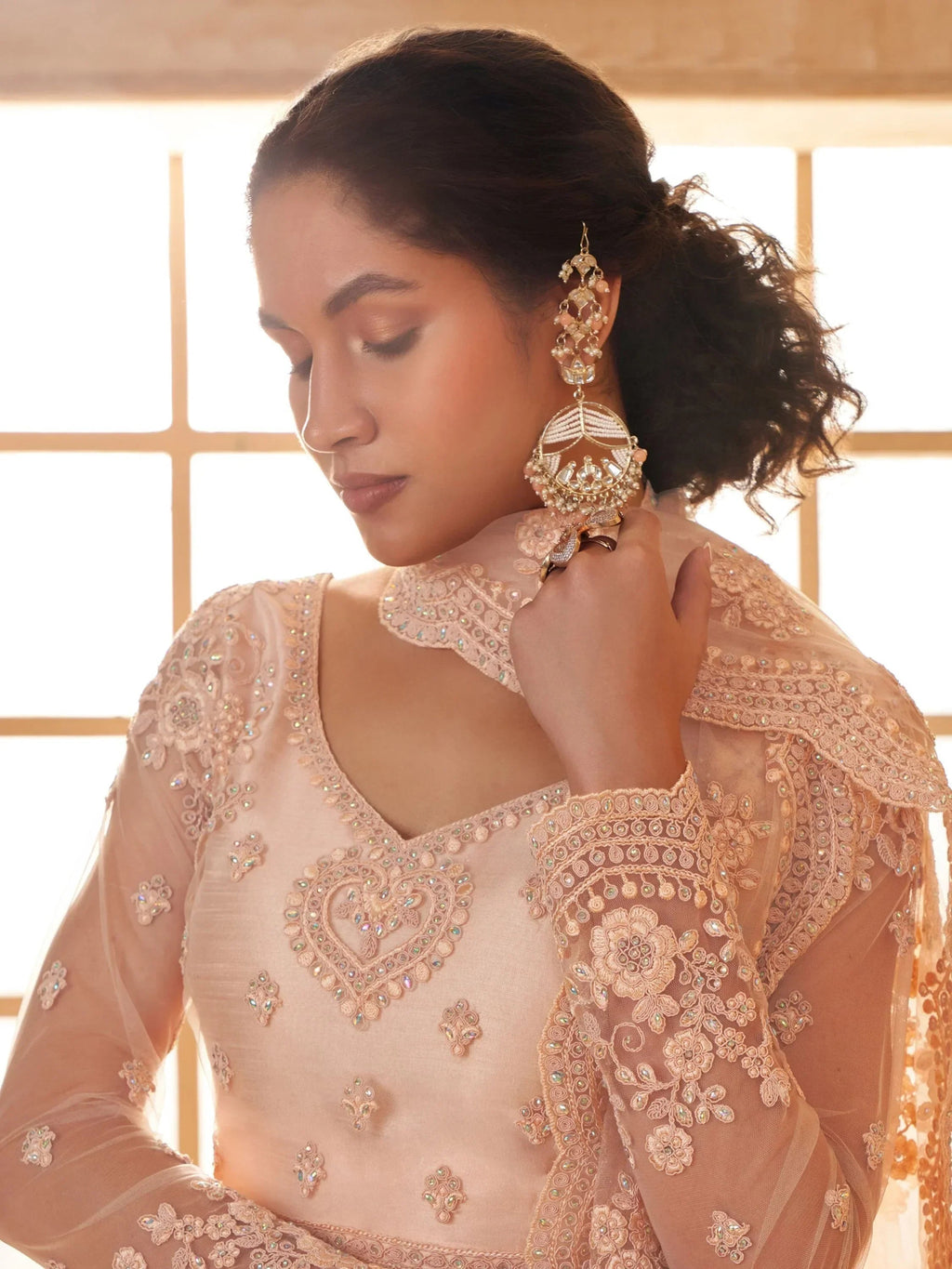 Attractive Peach Embroidery Work Net Bridesmaid Lehenga Choli
