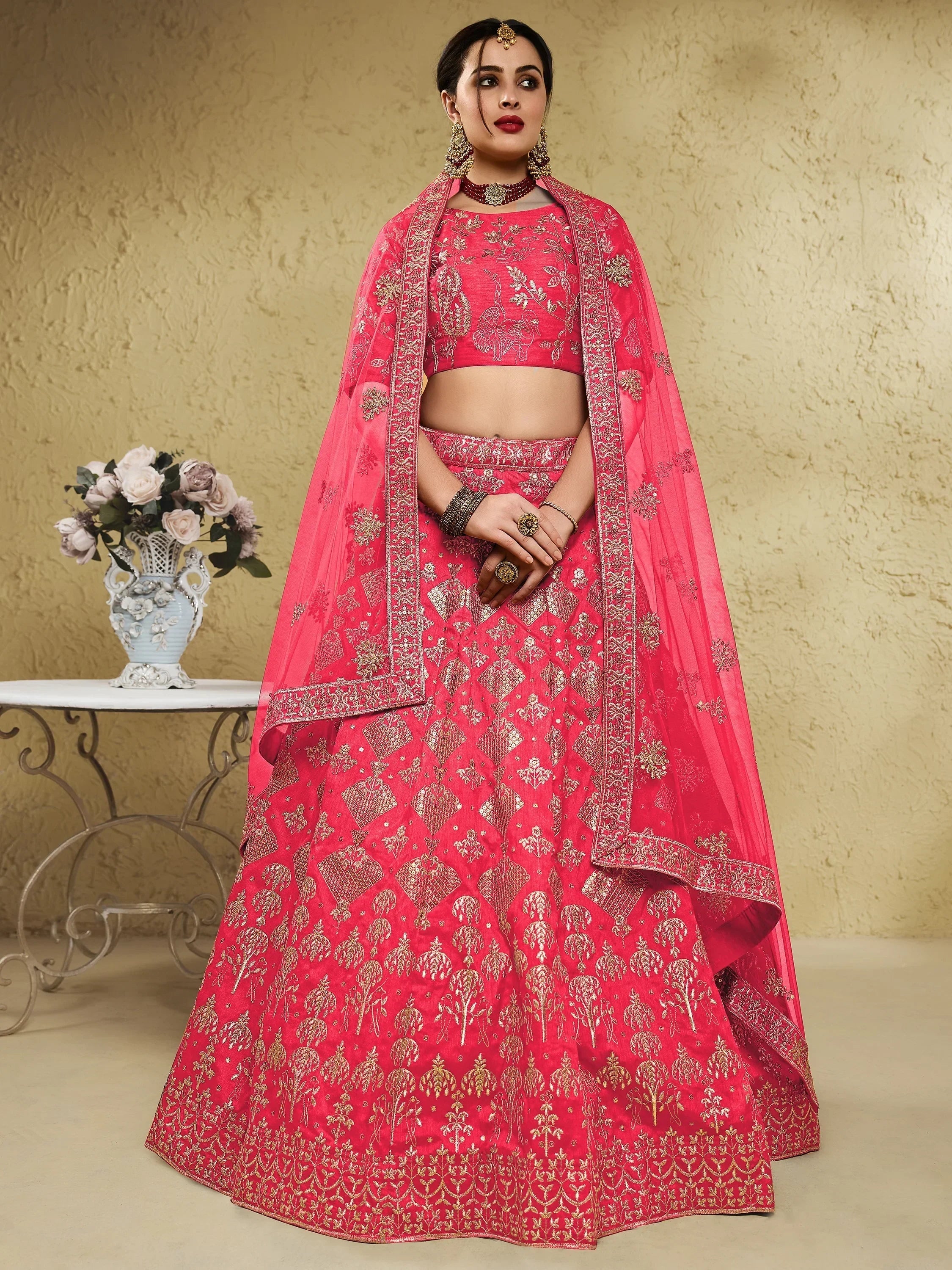 Attractive Peach Sequins Silk Festival Wear Lehenga Choli With Dupatta