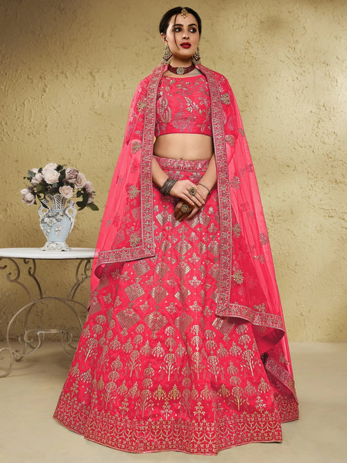 Attractive Peach Sequins Silk Festival Wear Lehenga Choli With Dupatta