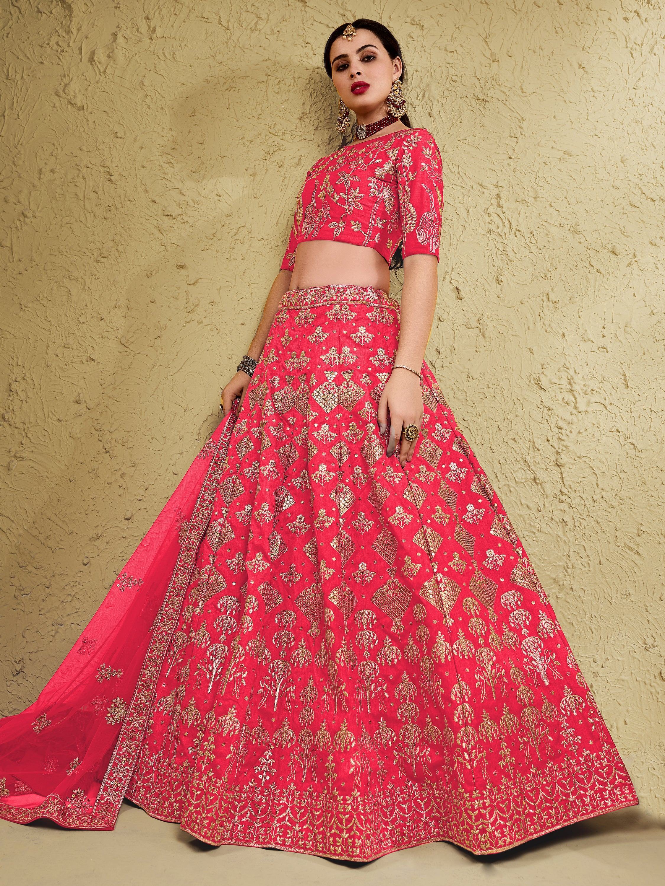 Attractive Peach Sequins Silk Festival Wear Lehenga Choli With Dupatta
