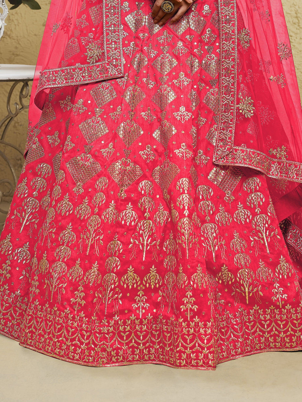 Attractive Peach Sequins Silk Festival Wear Lehenga Choli With Dupatta