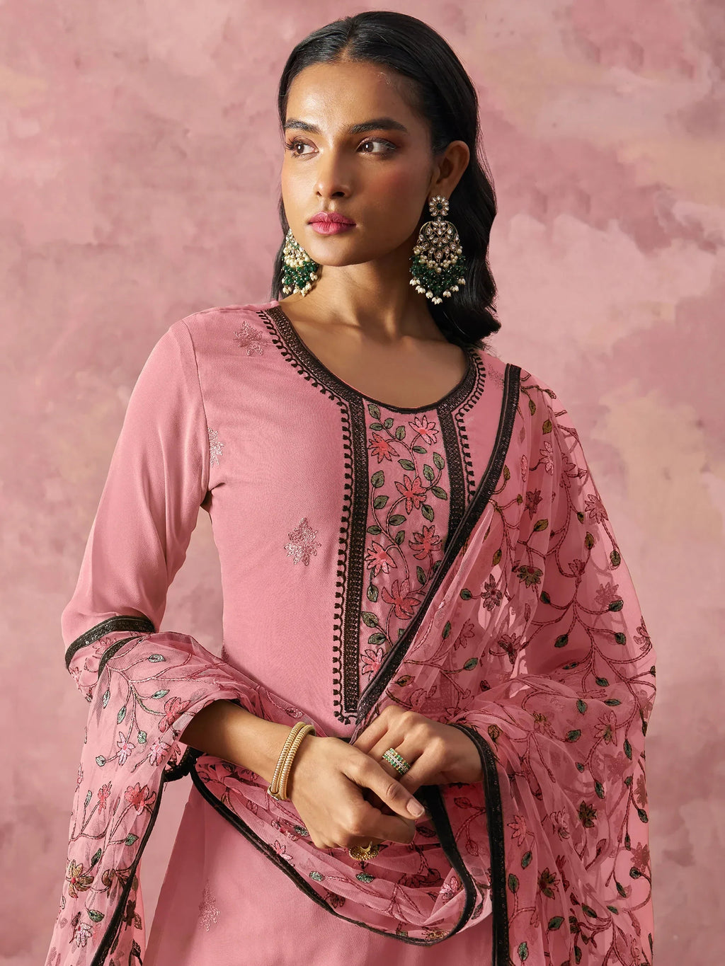 Attractive Pink Thread Embroidery Party Wear Pant Suit