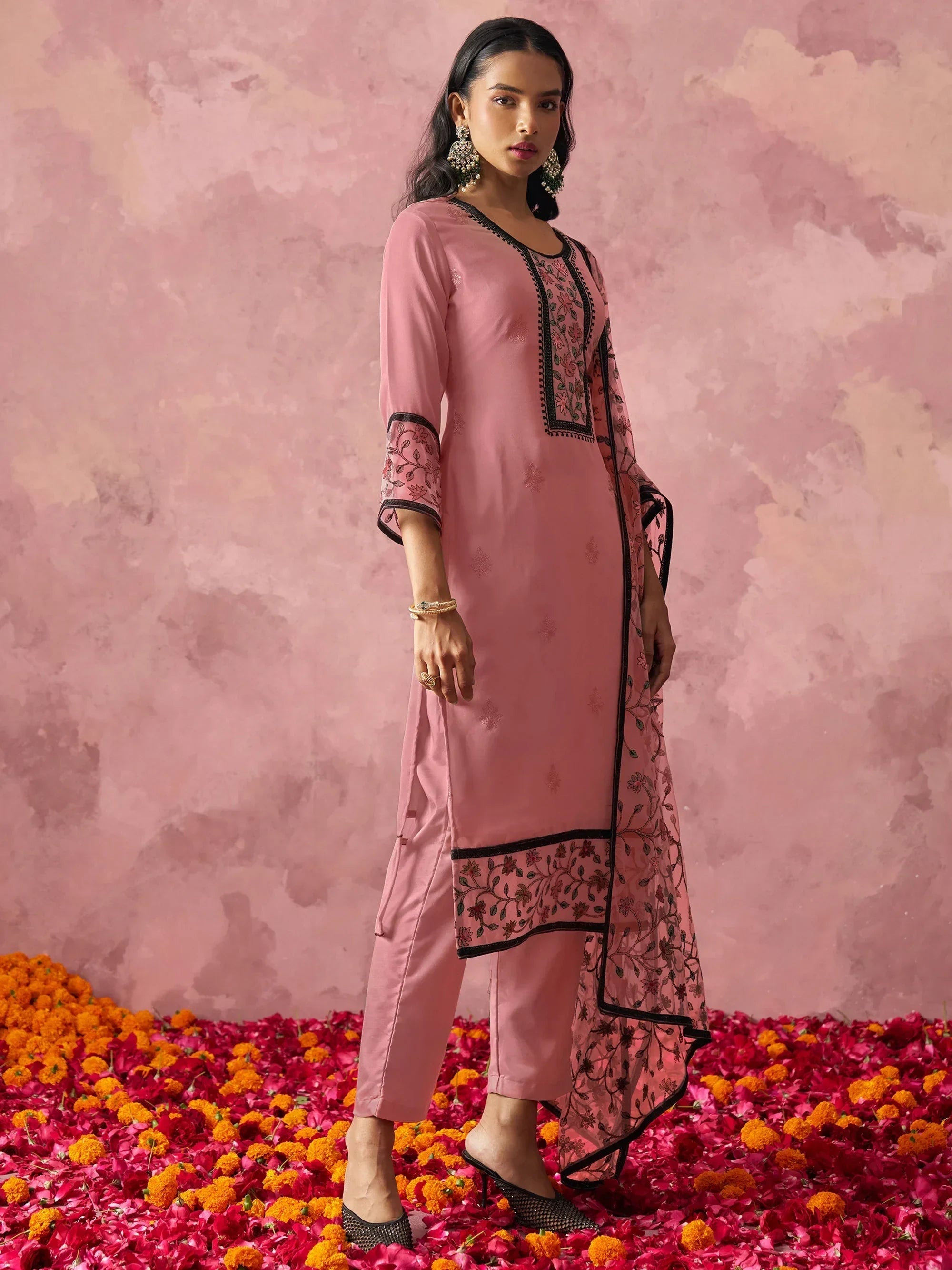 Attractive Pink Thread Embroidery Party Wear Pant Suit