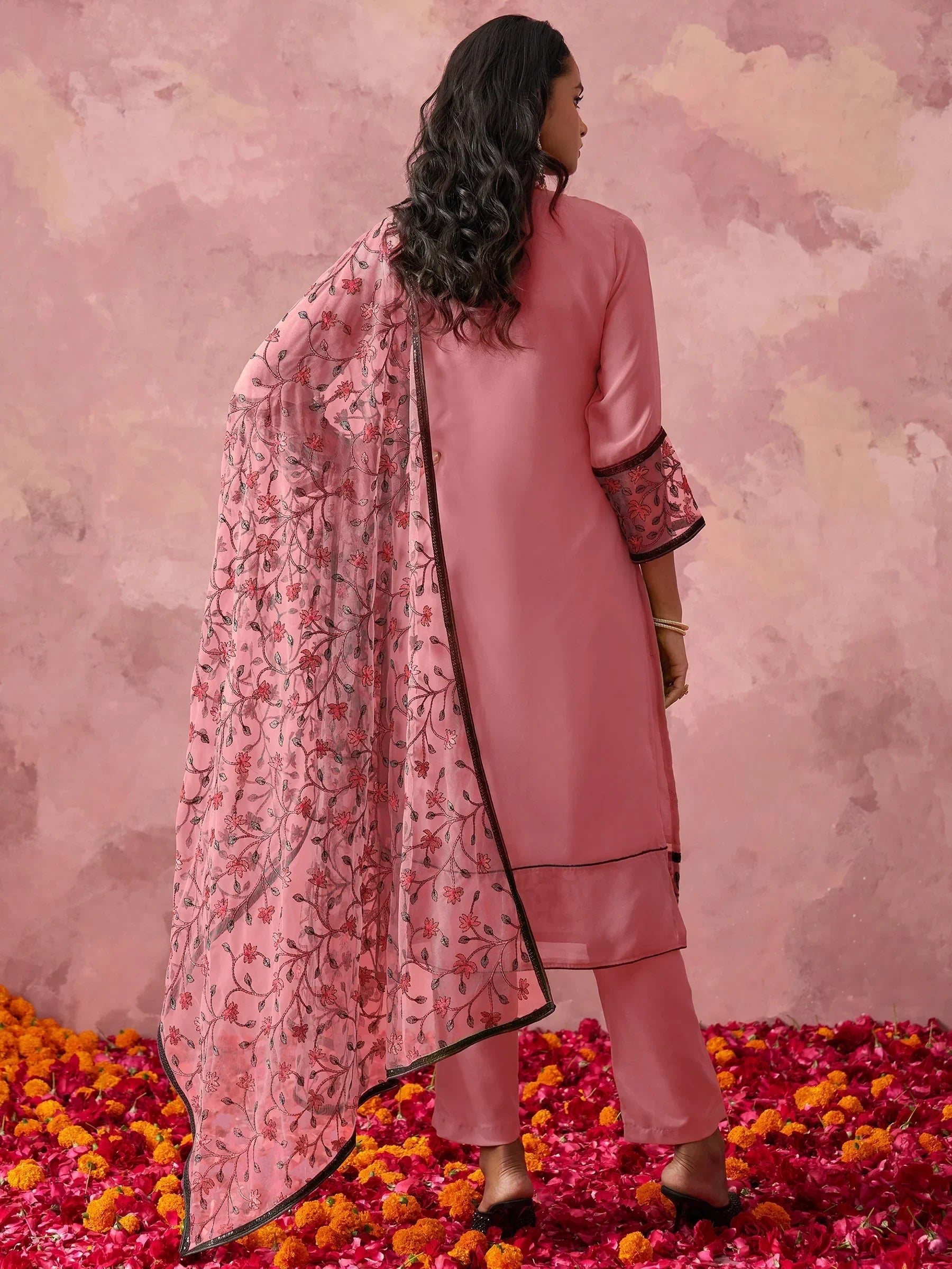 Attractive Pink Thread Embroidery Party Wear Pant Suit