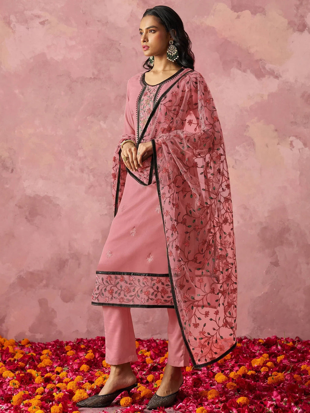 Attractive Pink Thread Embroidery Party Wear Pant Suit