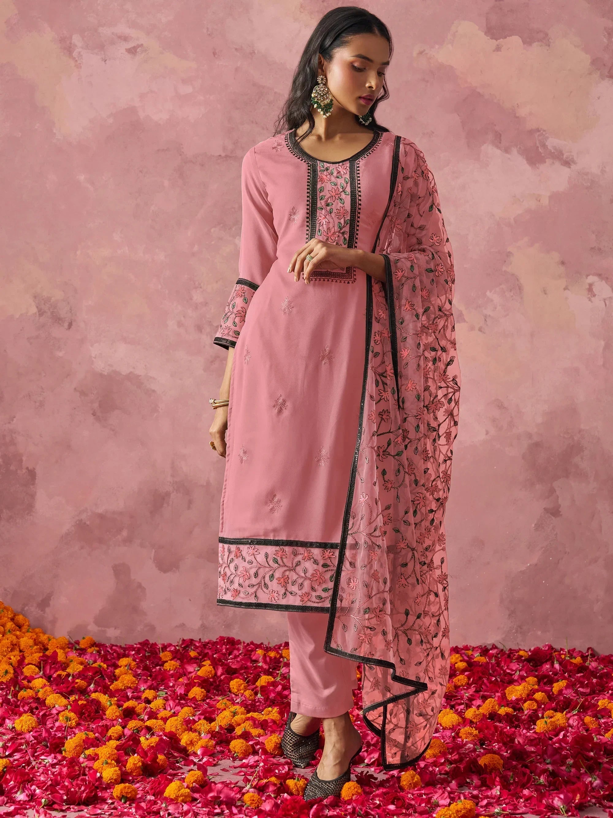 Attractive Pink Thread Embroidery Party Wear Pant Suit