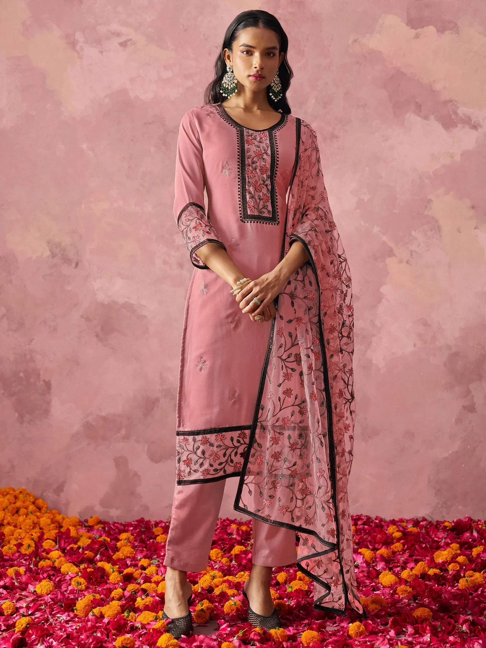 Attractive Pink Thread Embroidery Party Wear Pant Suit