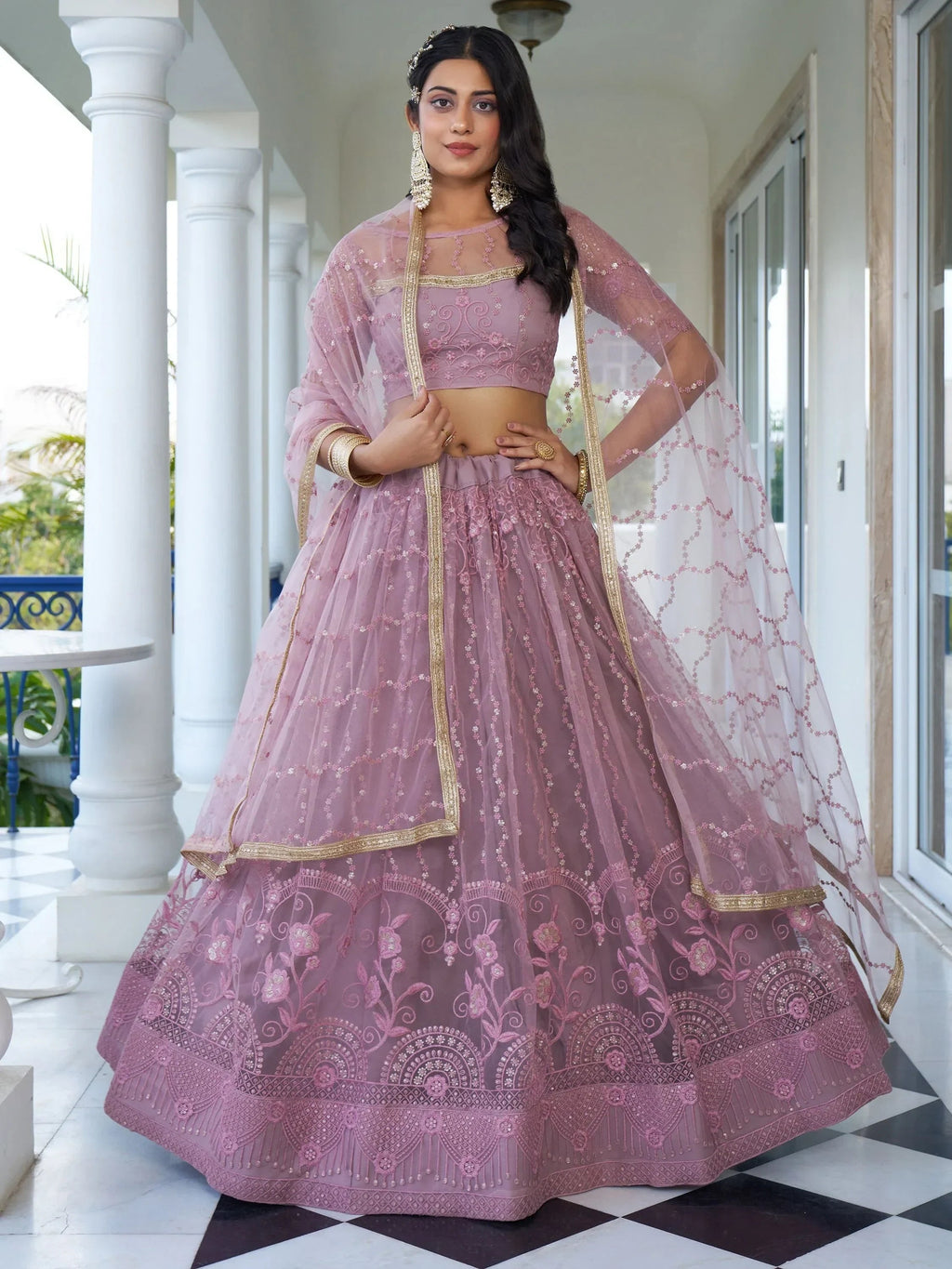 Attractive Purple Embroidered Net Bridesmaid Lehenga Choli