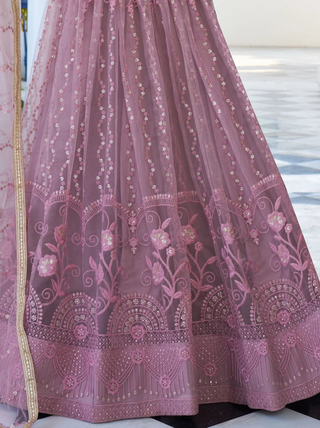 Attractive Purple Embroidered Net Bridesmaid Lehenga Choli