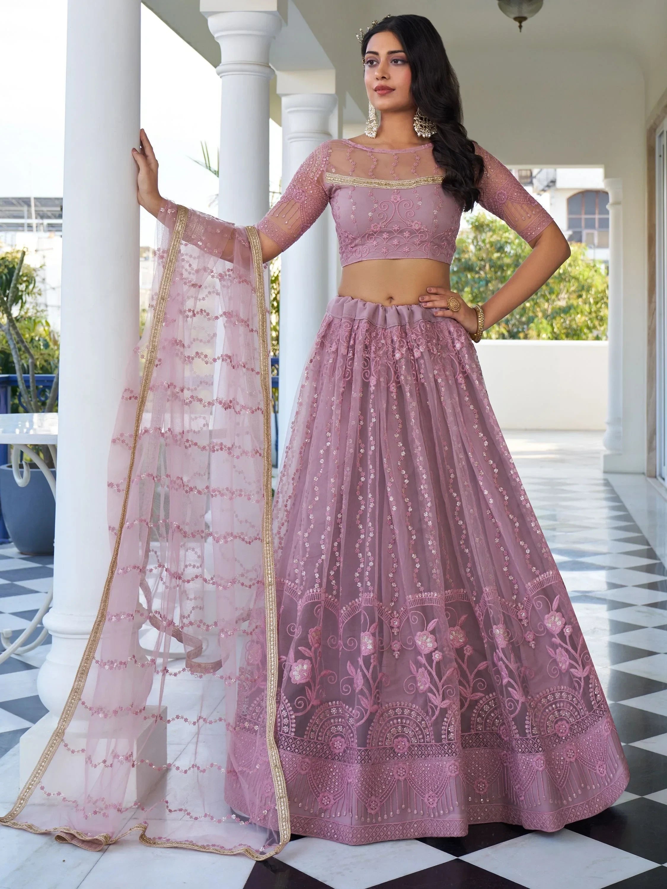 Attractive Purple Embroidered Net Bridesmaid Lehenga Choli