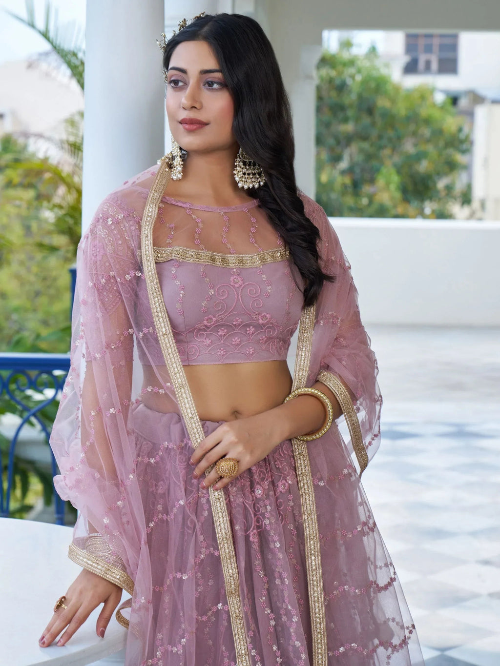 Attractive Purple Embroidered Net Bridesmaid Lehenga Choli