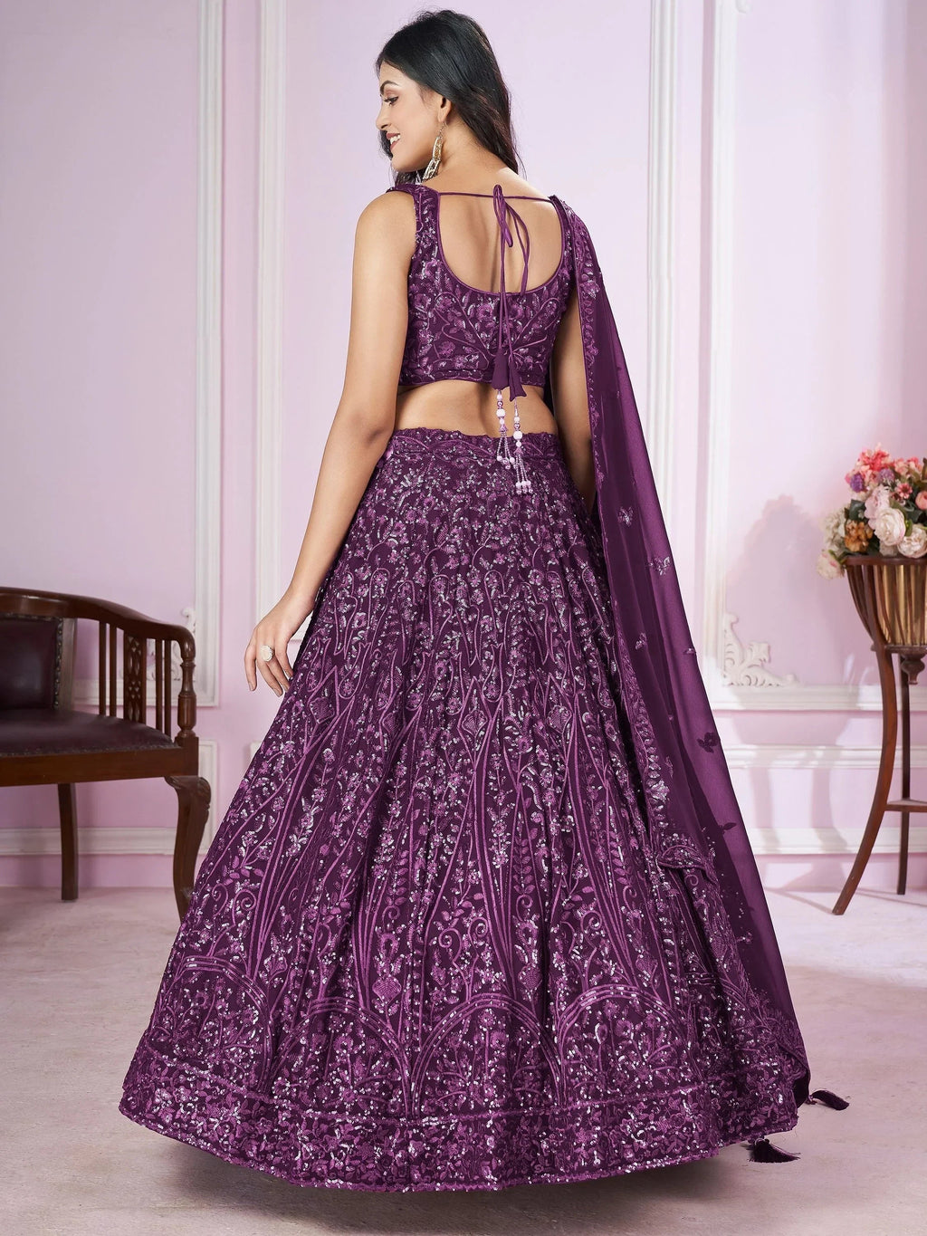 Attractive Purple Sequins Georgette Wedding Wear Lehenga Choli