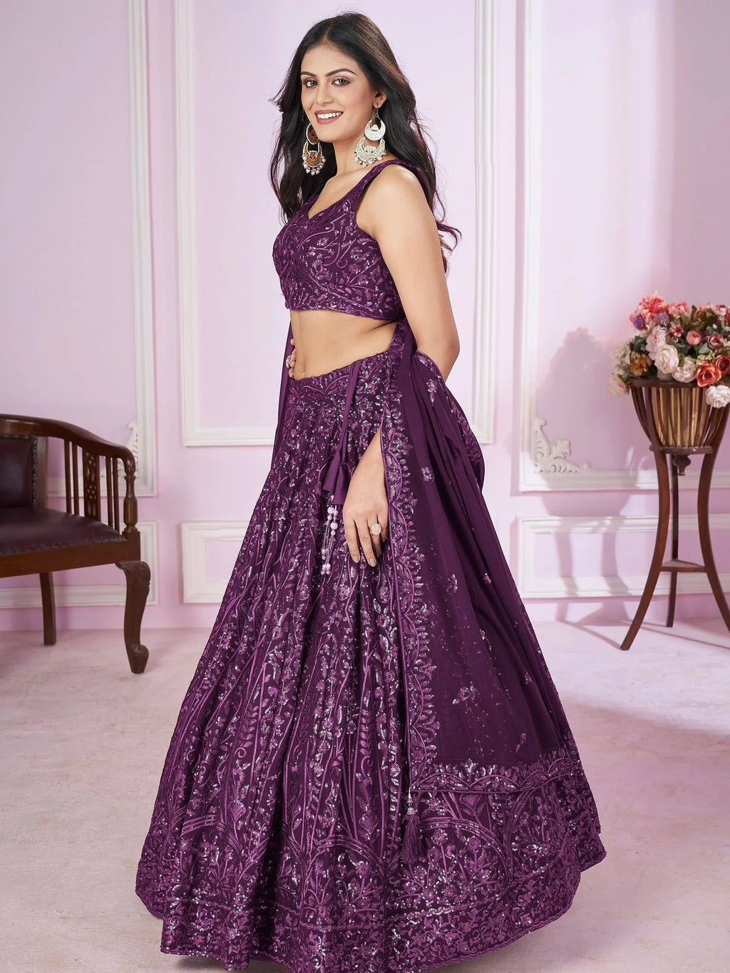 Attractive Purple Sequins Georgette Wedding Wear Lehenga Choli
