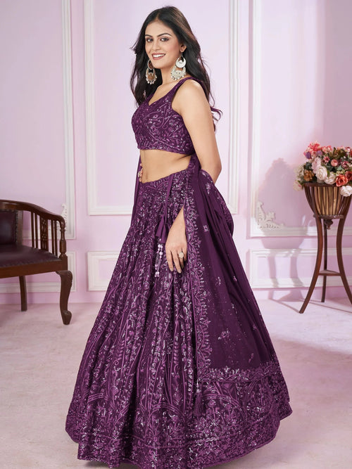 Attractive Purple Sequins Georgette Wedding Wear Lehenga Choli