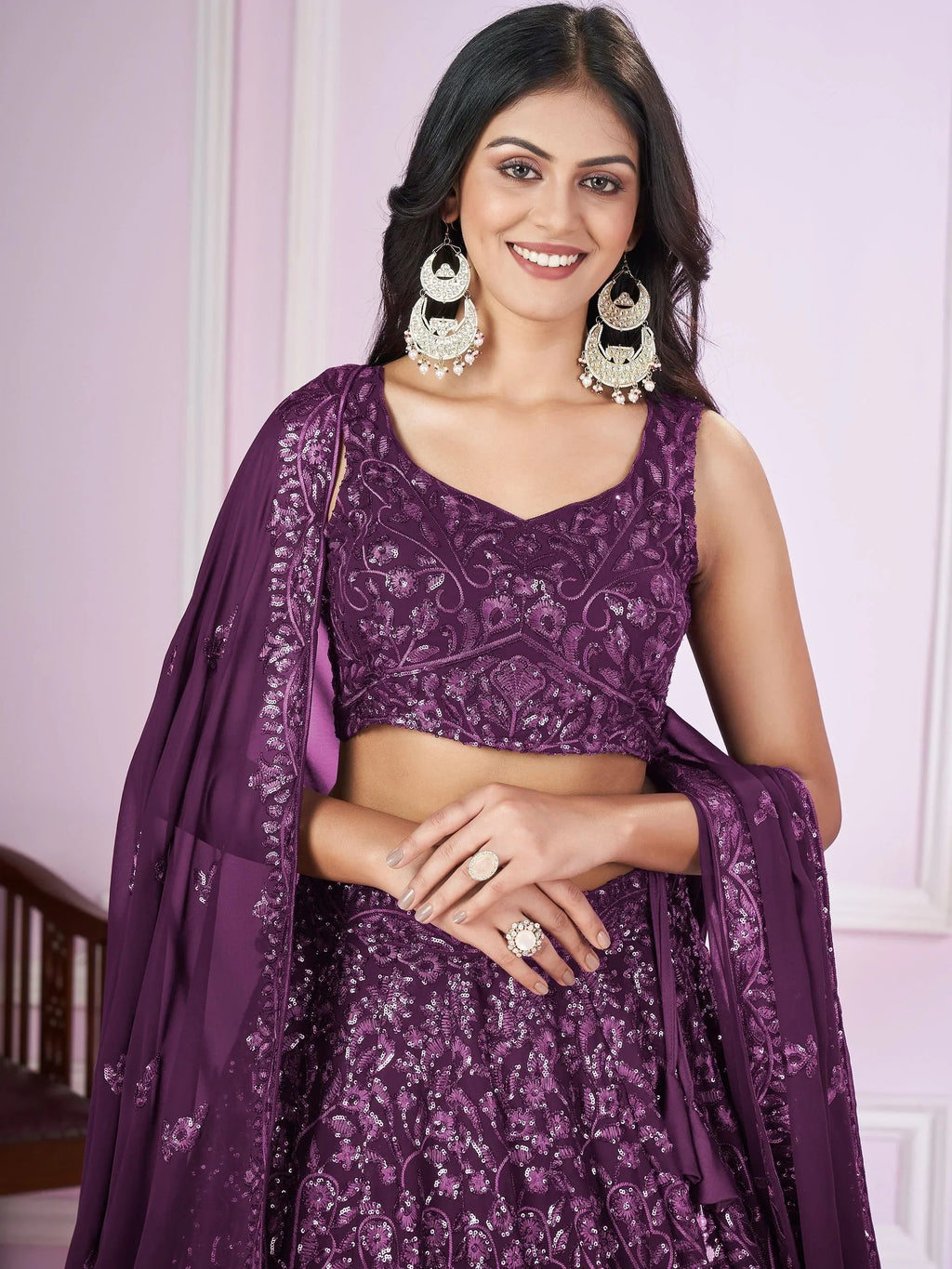 Attractive Purple Sequins Georgette Wedding Wear Lehenga Choli