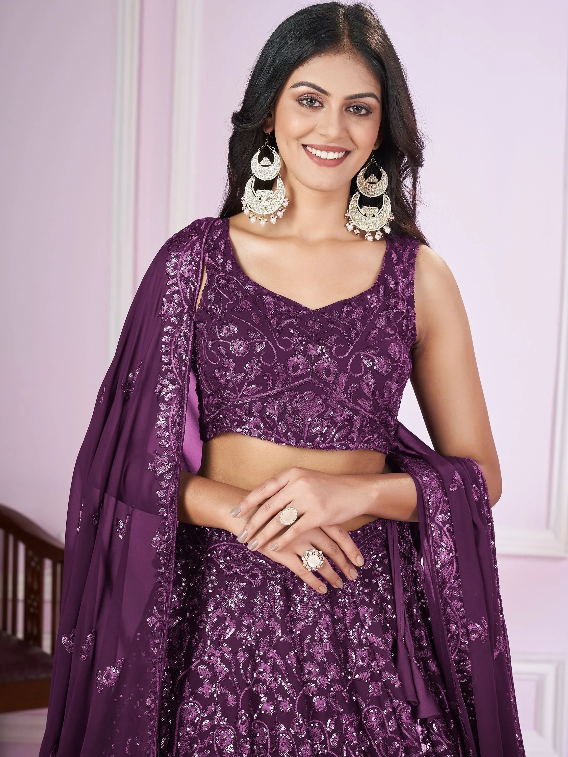 Attractive Purple Sequins Georgette Wedding Wear Lehenga Choli