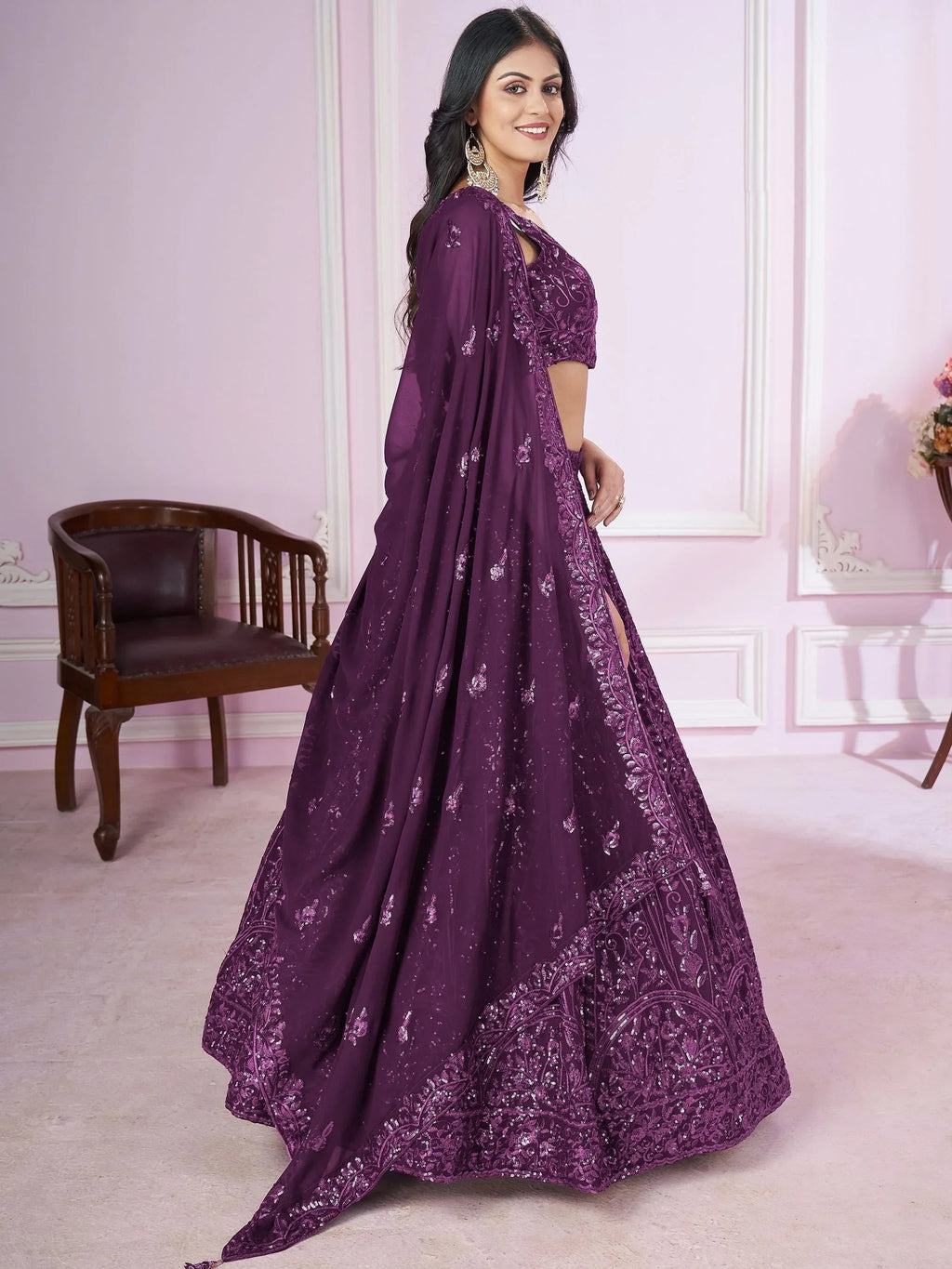 Attractive Purple Sequins Georgette Wedding Wear Lehenga Choli