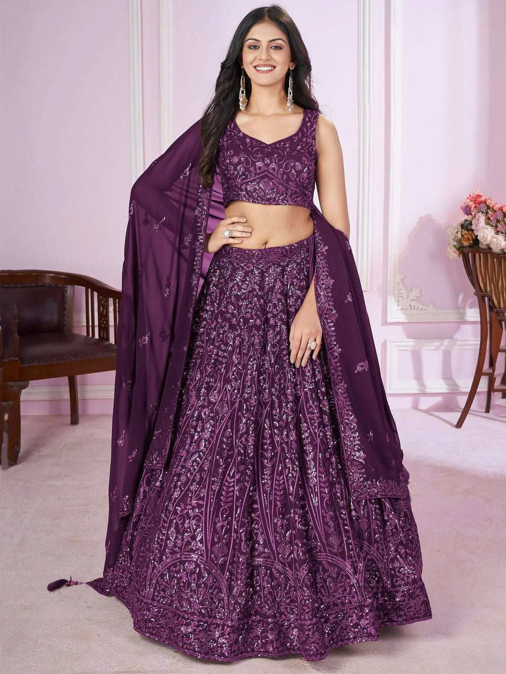 Attractive Purple Sequins Georgette Wedding Wear Lehenga Choli