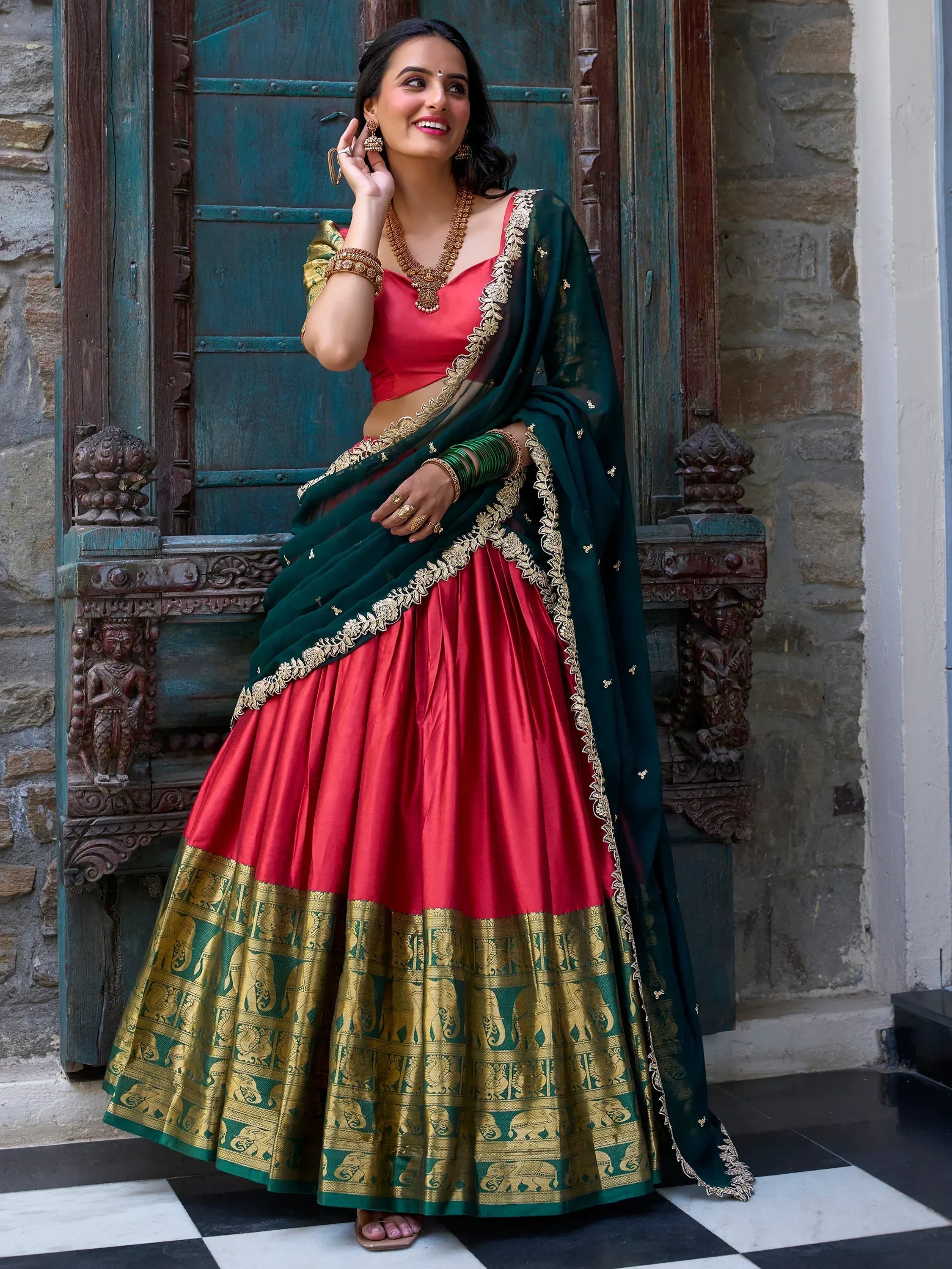 Attractive Red Zari Weaving Silk Festival Wear Half Saree Lehenga