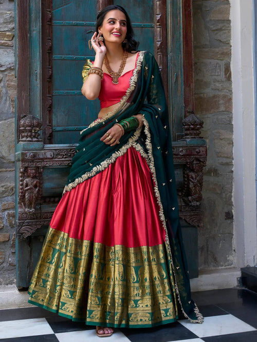 Attractive Red Zari Weaving Silk Festival Wear Half Saree Lehenga