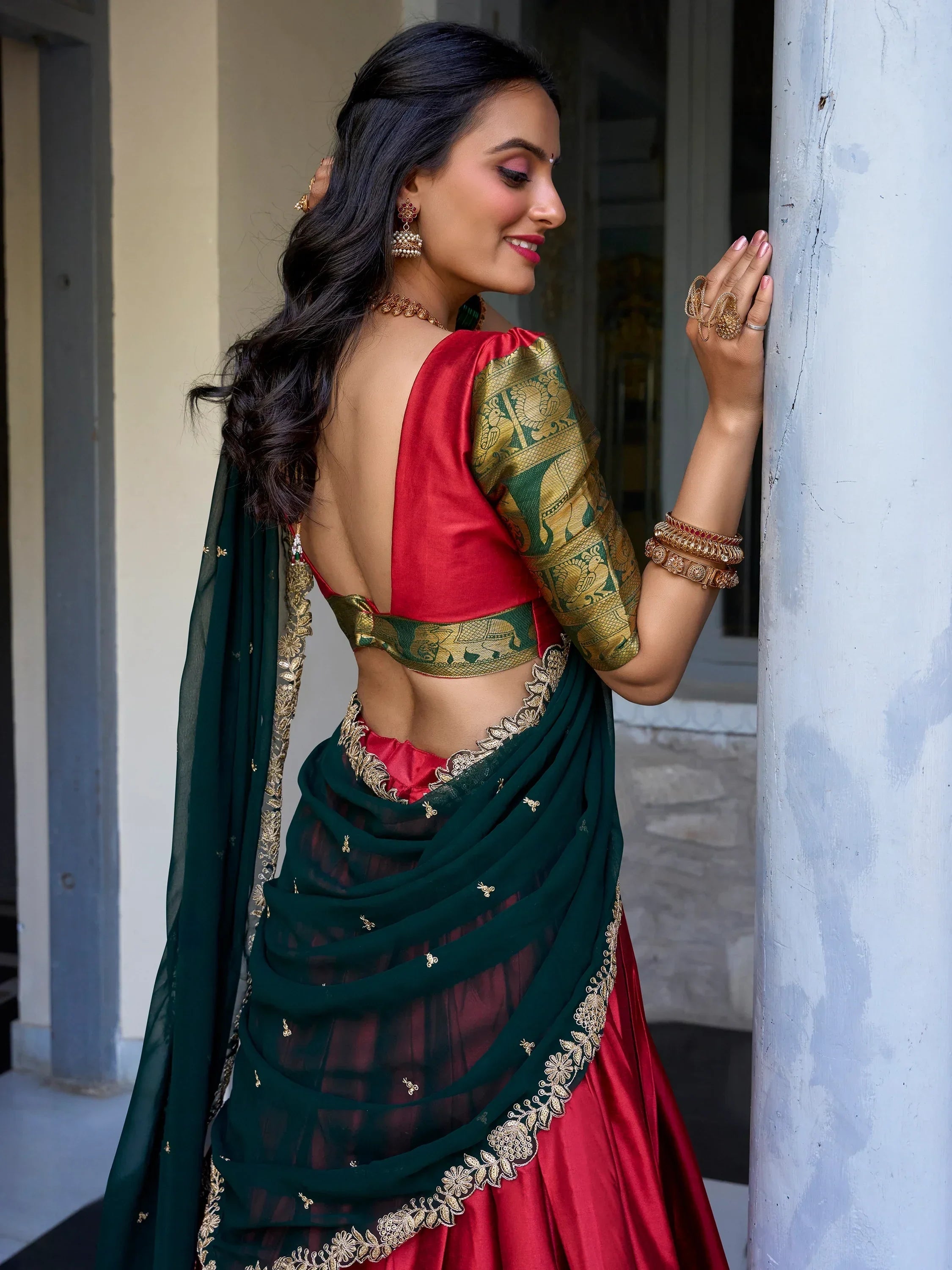Attractive Red Zari Weaving Silk Festival Wear Half Saree Lehenga