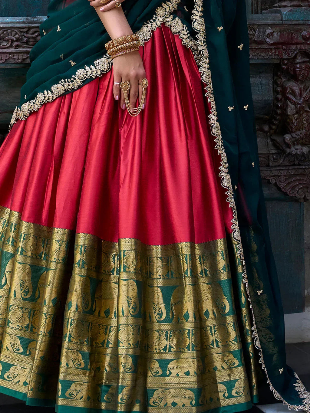 Attractive Red Zari Weaving Silk Festival Wear Half Saree Lehenga