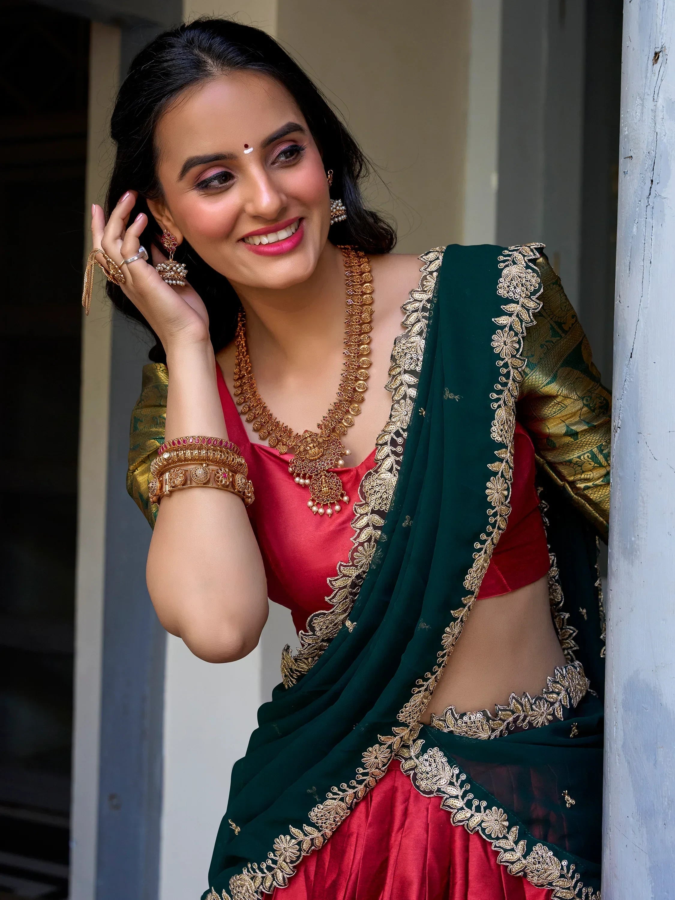 Attractive Red Zari Weaving Silk Festival Wear Half Saree Lehenga