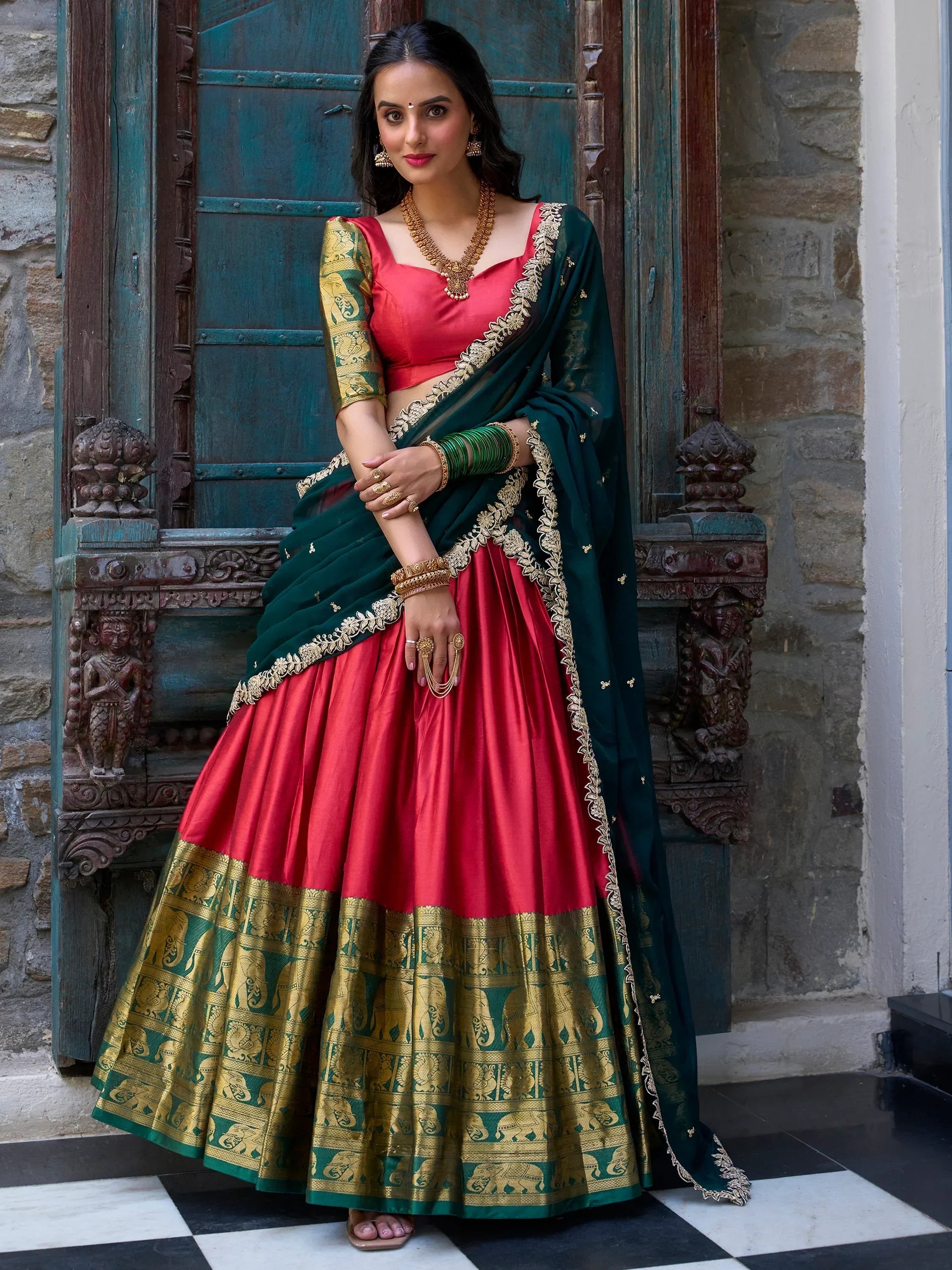 Attractive Red Zari Weaving Silk Festival Wear Half Saree Lehenga