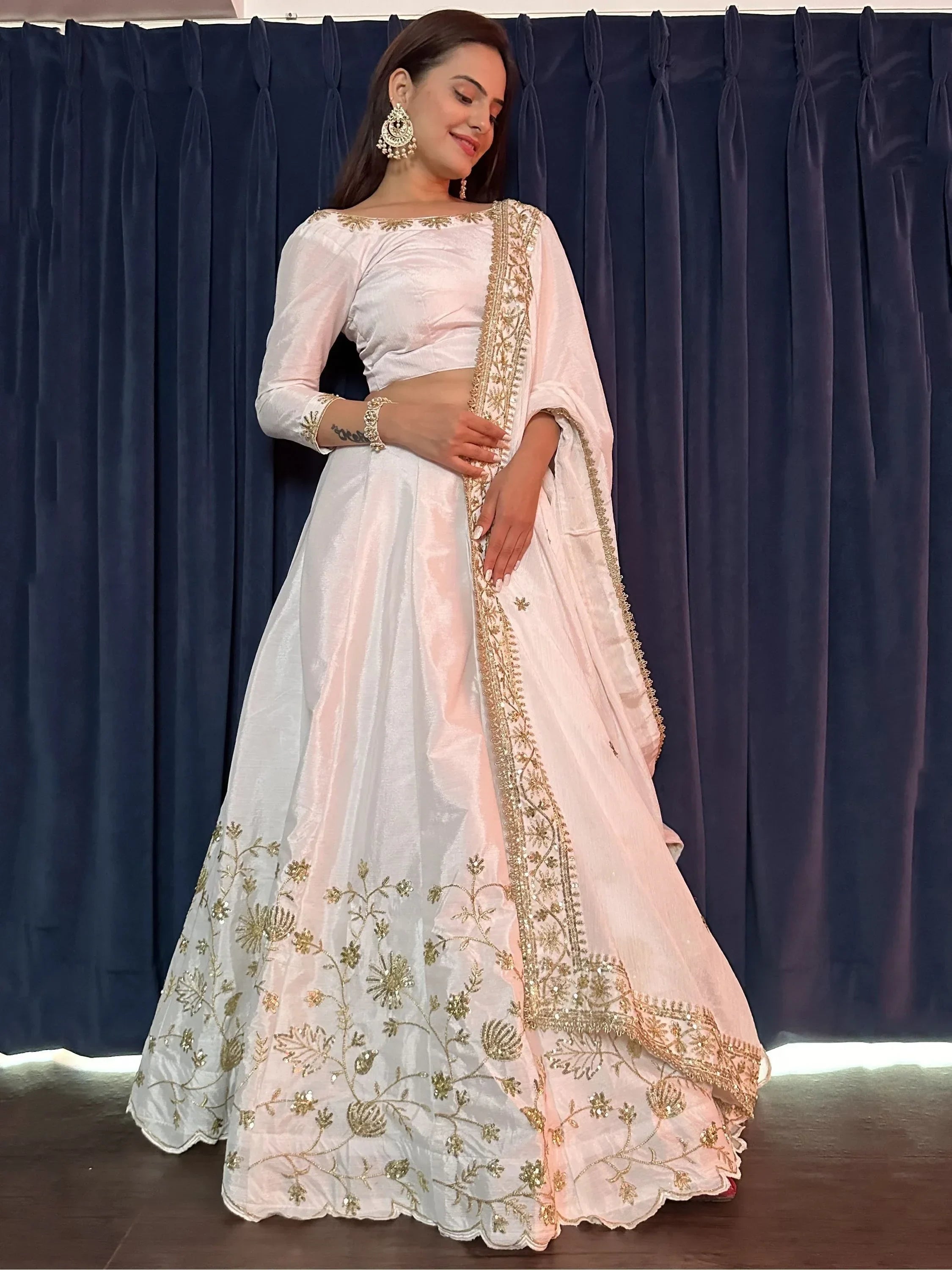 Attractive White Sequins Silk Event Wear Lehenga Choli With Dupatta