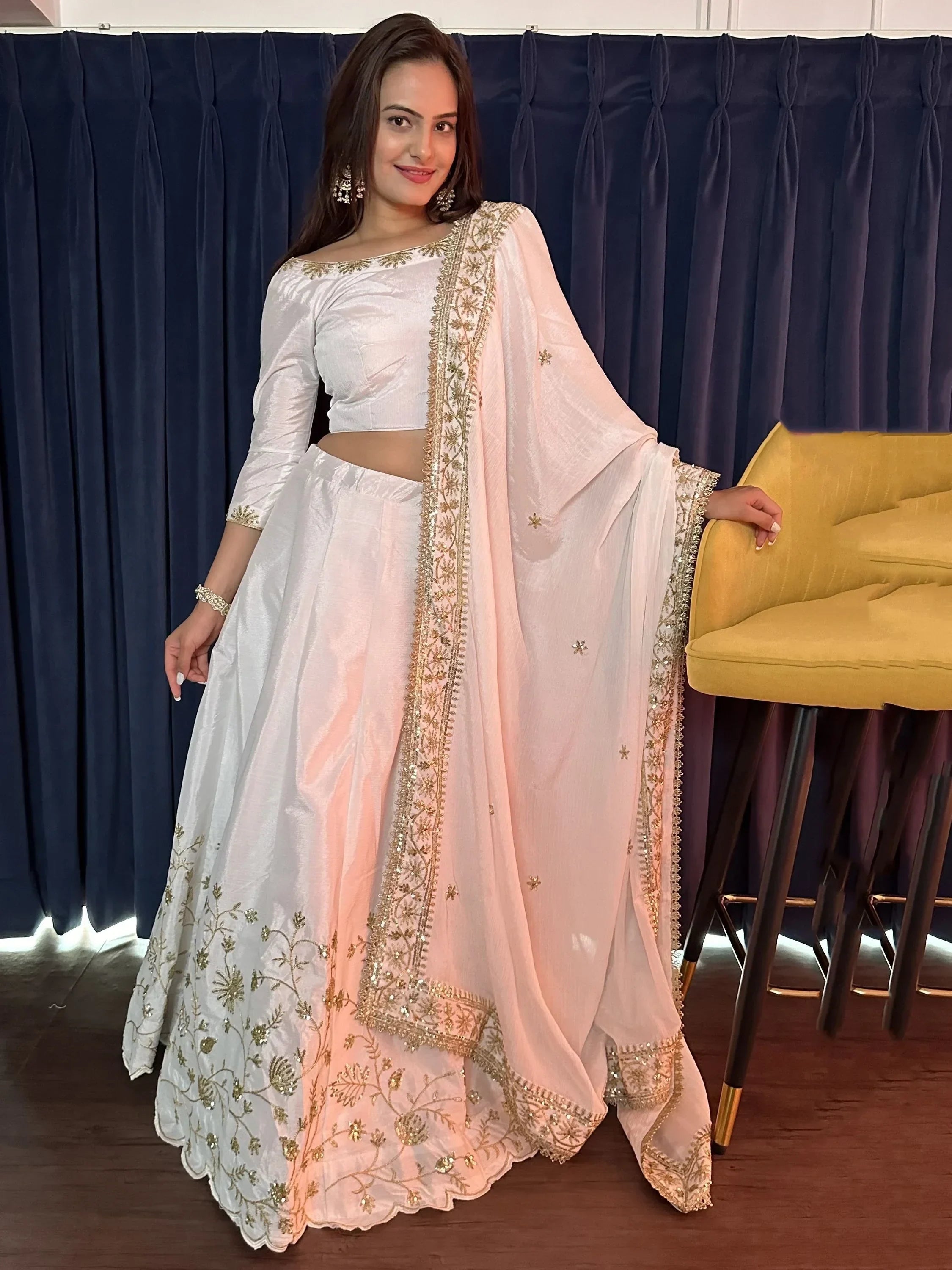Attractive White Sequins Silk Event Wear Lehenga Choli With Dupatta