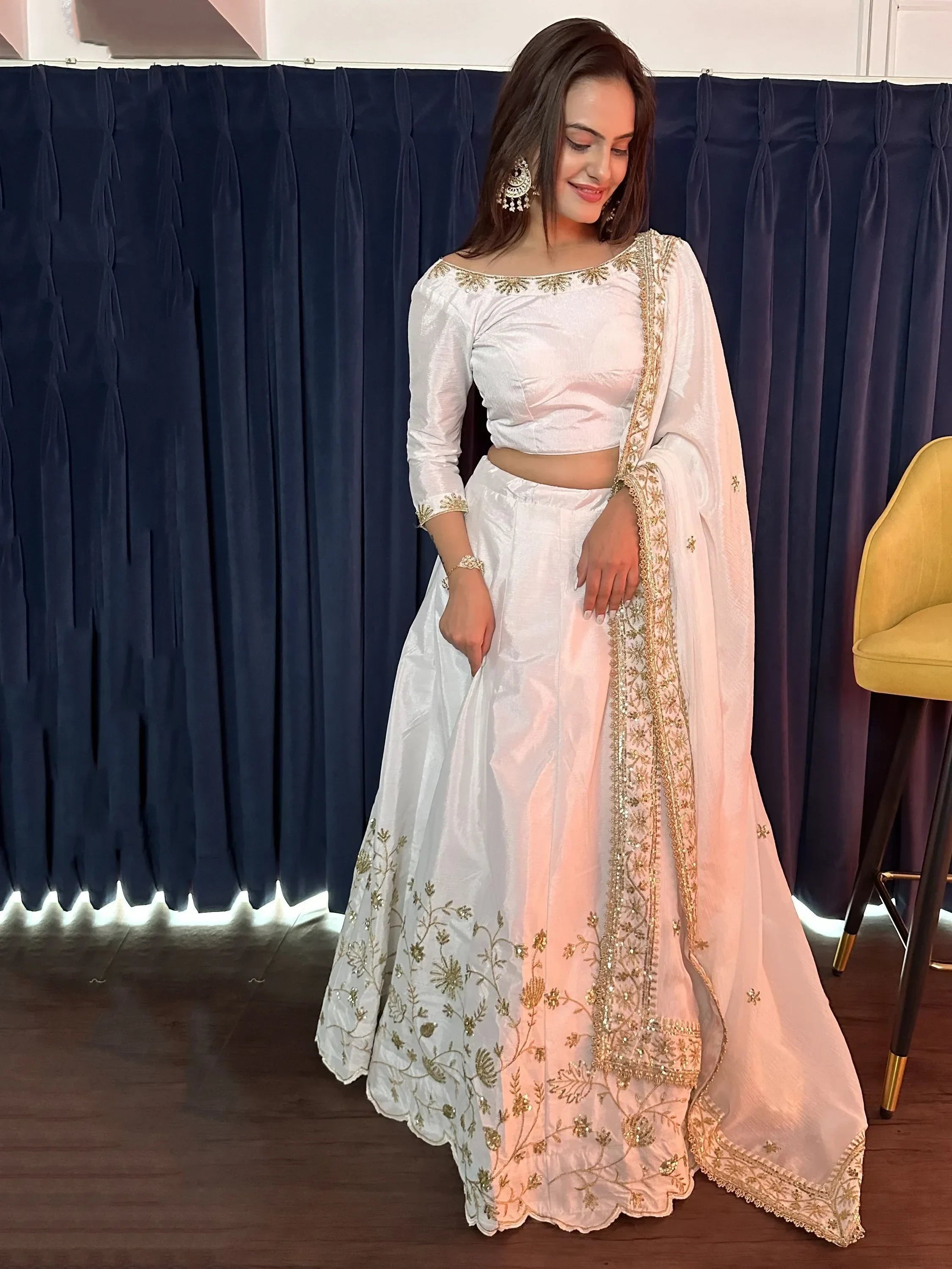 Attractive White Sequins Silk Event Wear Lehenga Choli With Dupatta