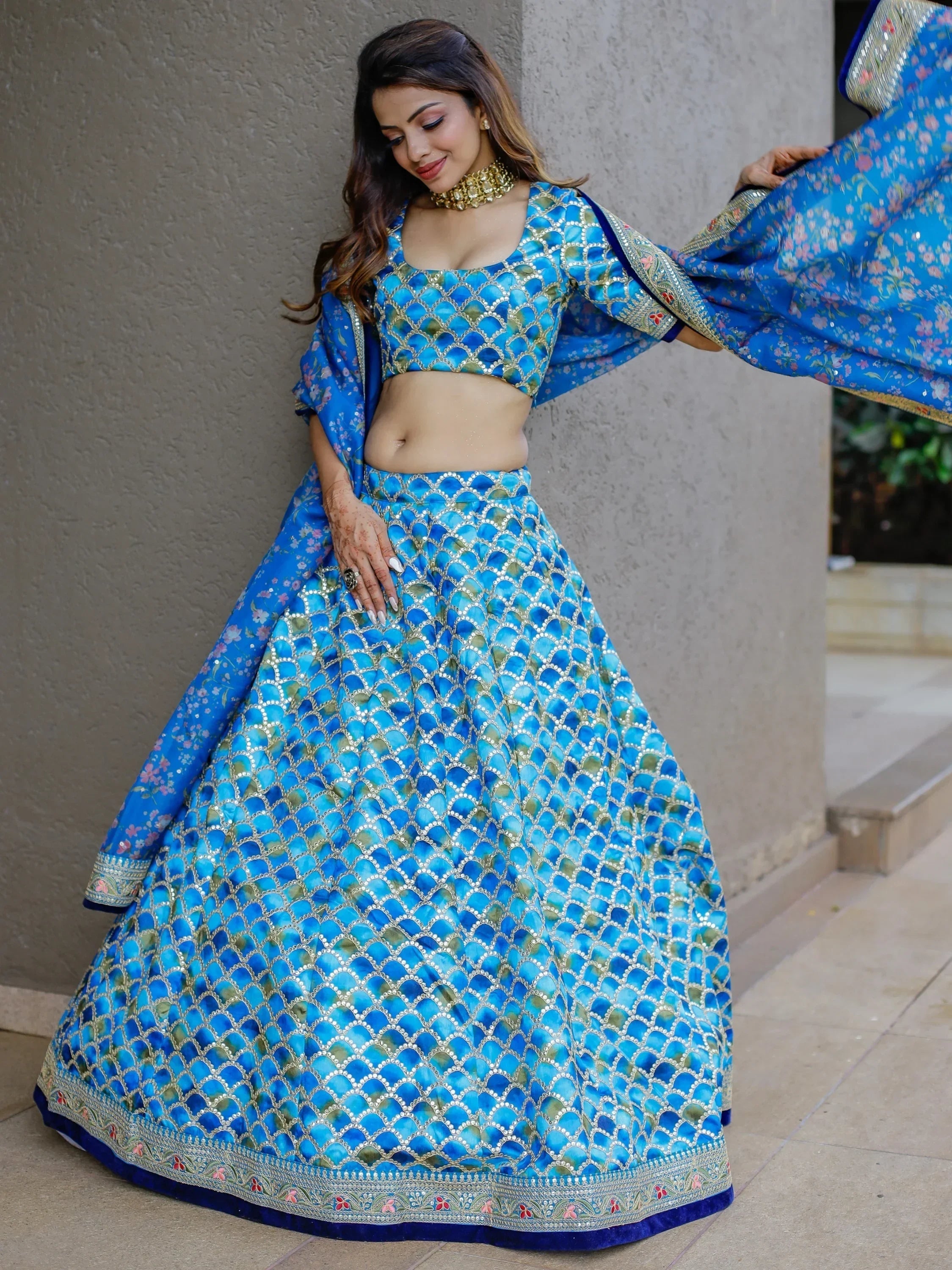 Awesome Blue Sequins Work Art Silk Wedding Lehenga Choli