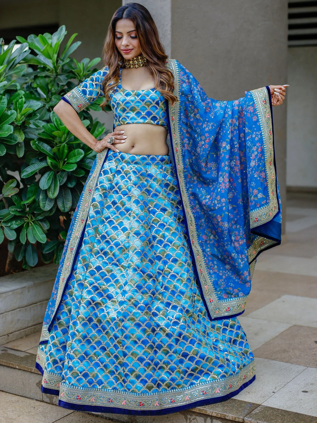 Awesome Blue Sequins Work Art Silk Wedding Lehenga Choli