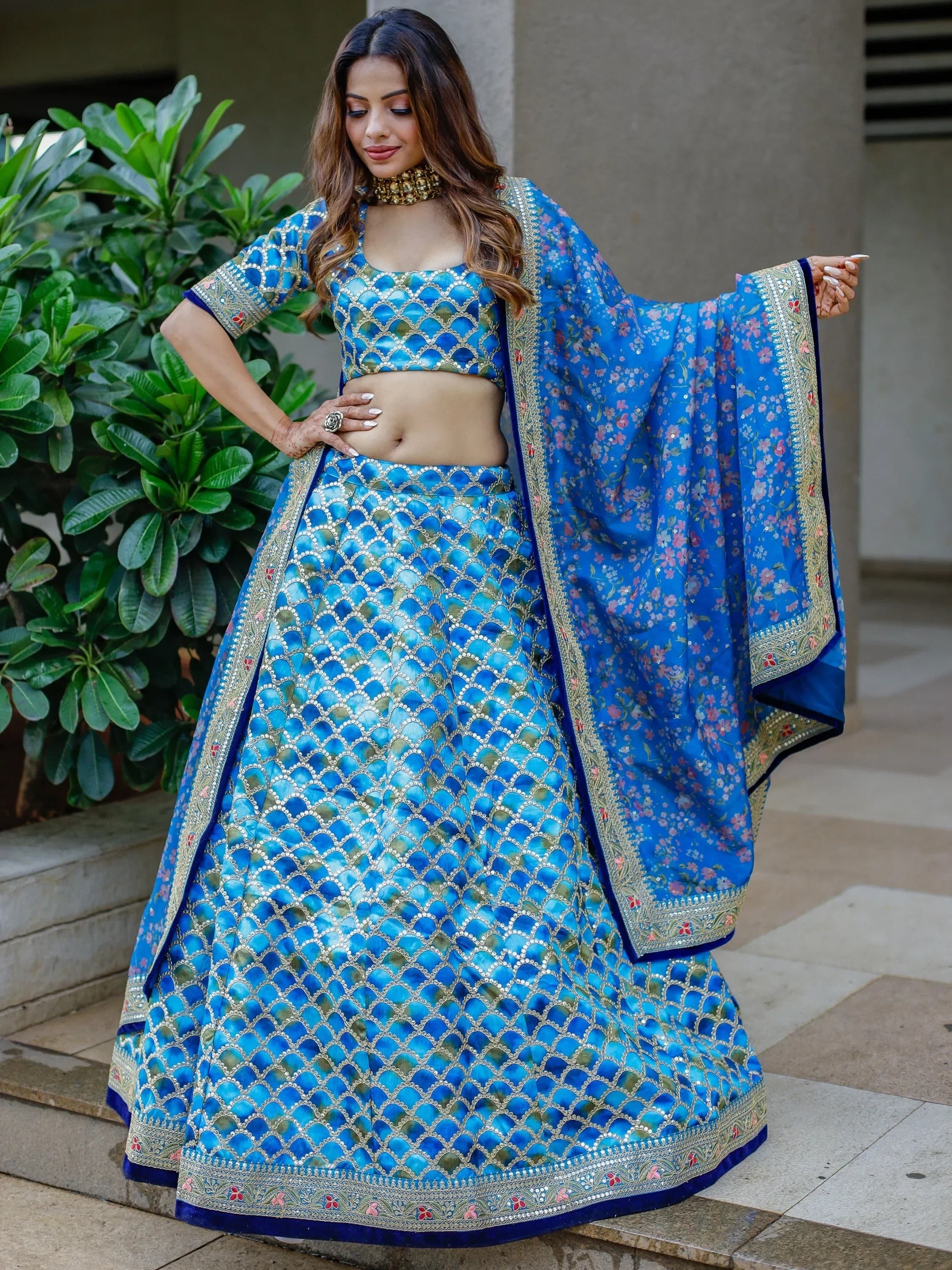 Awesome Blue Sequins Work Art Silk Wedding Lehenga Choli