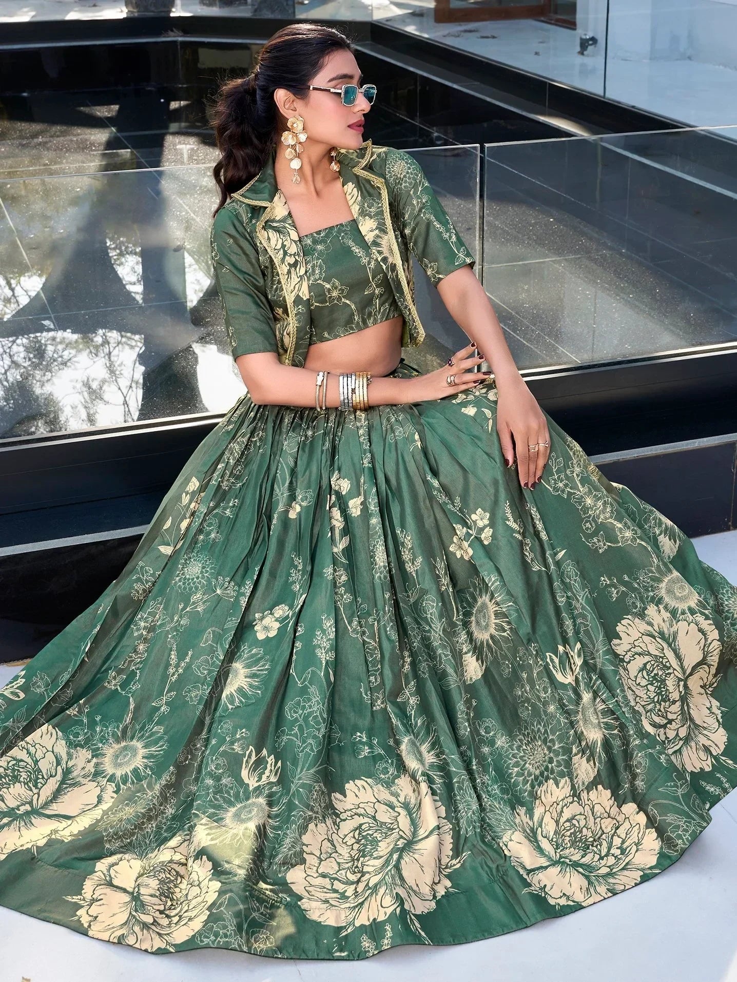 Bottle Green Awesome Bottle Floral Print Tussar Silk Crop Top Lehenga With Jacket