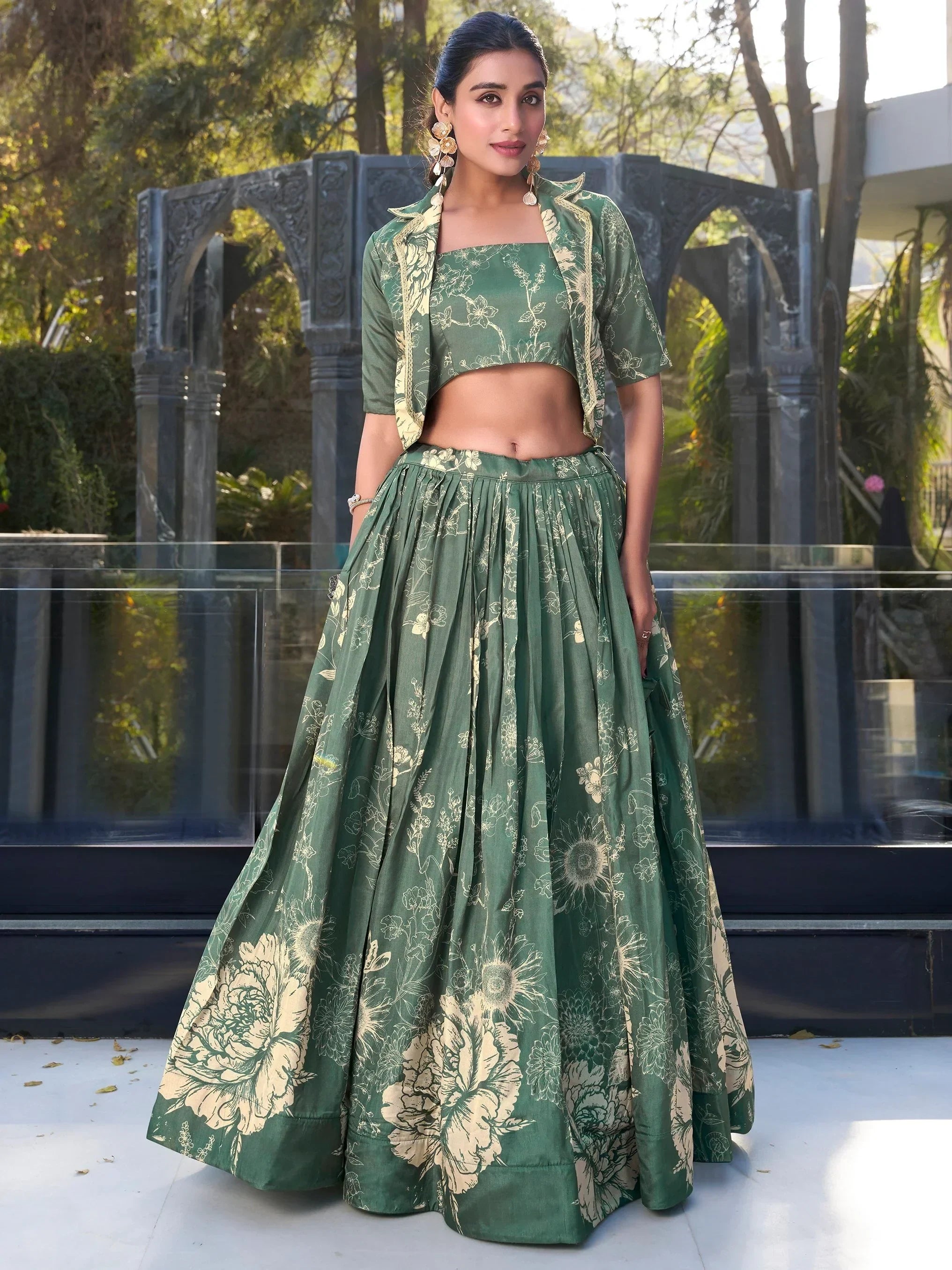 Bottle Green Awesome Bottle Floral Print Tussar Silk Crop Top Lehenga With Jacket