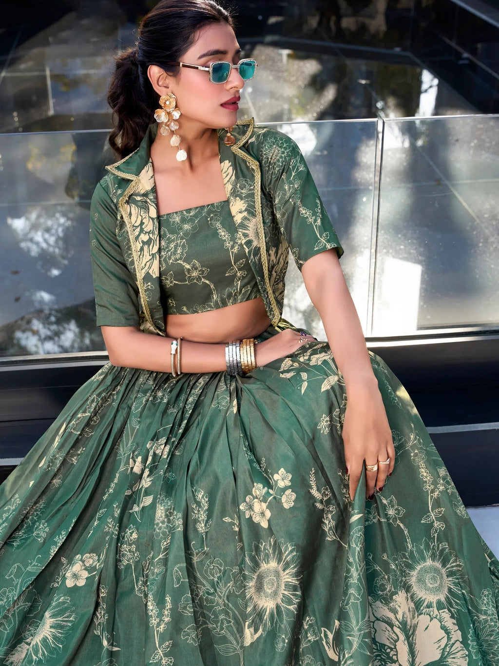 Bottle Green Awesome Bottle Floral Print Tussar Silk Crop Top Lehenga With Jacket