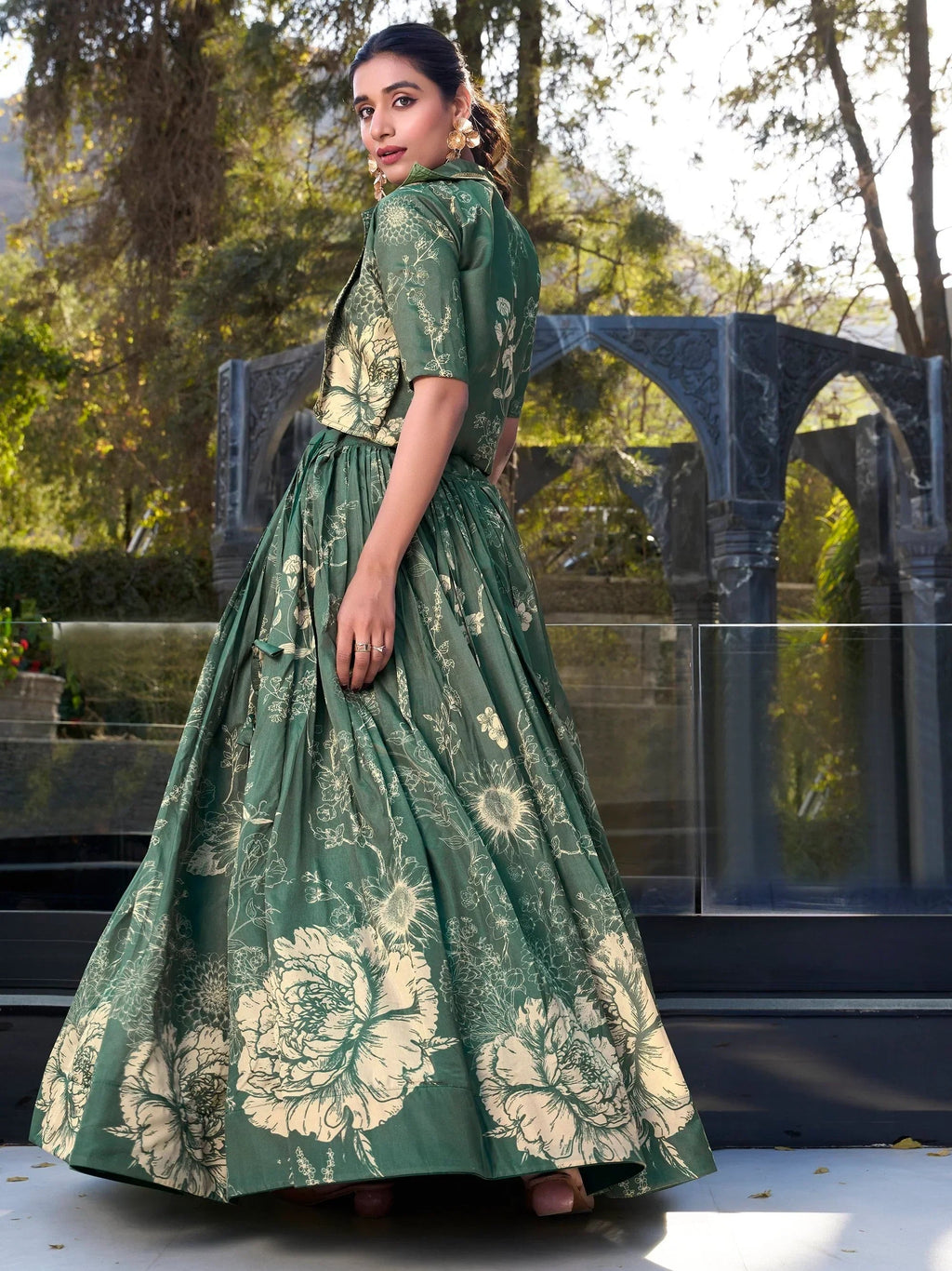 Bottle Green Awesome Bottle Floral Print Tussar Silk Crop Top Lehenga With Jacket