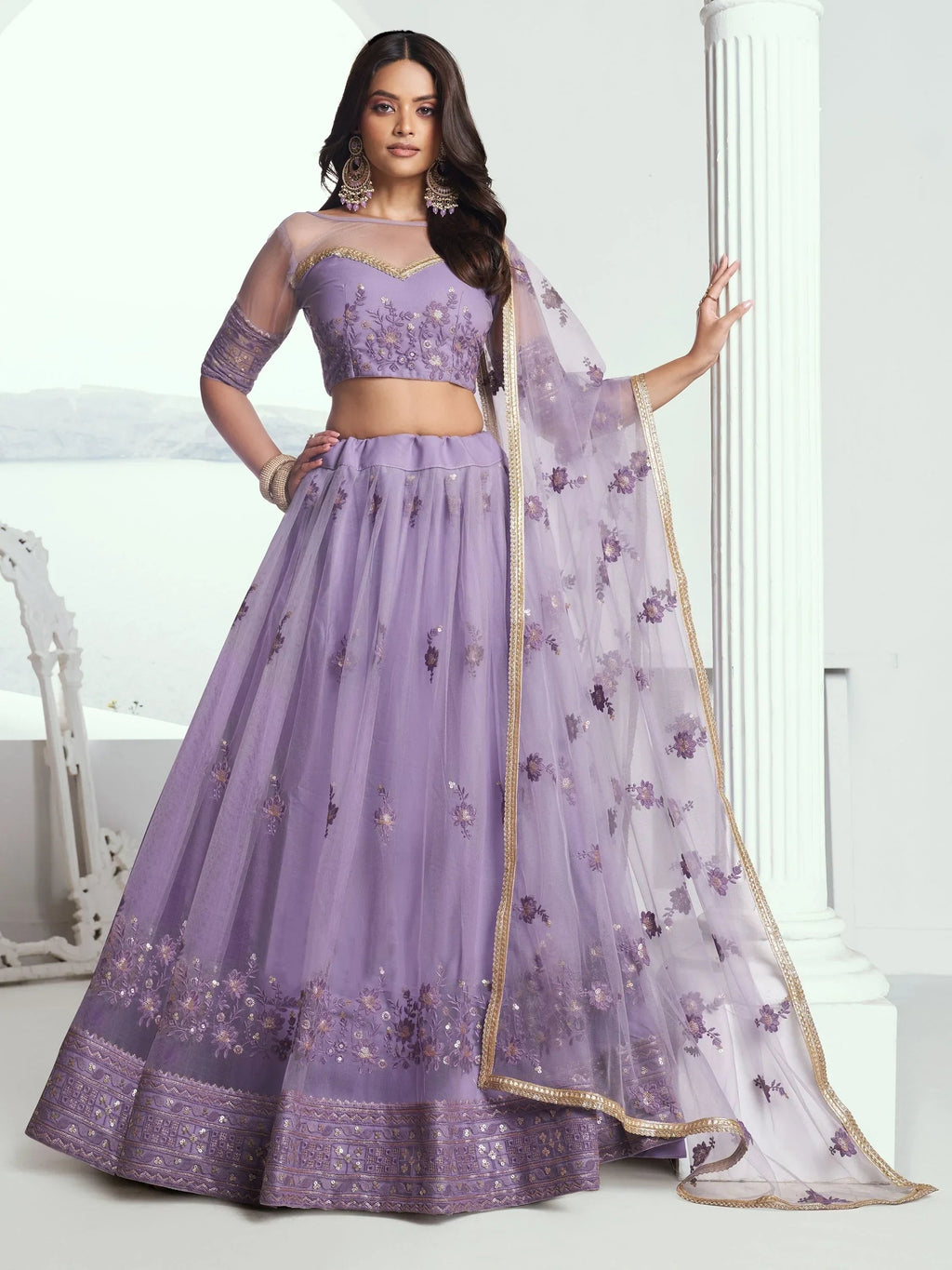 Awesome Lavender Color Embroidered Net Engagement Wear Lehenga Choli